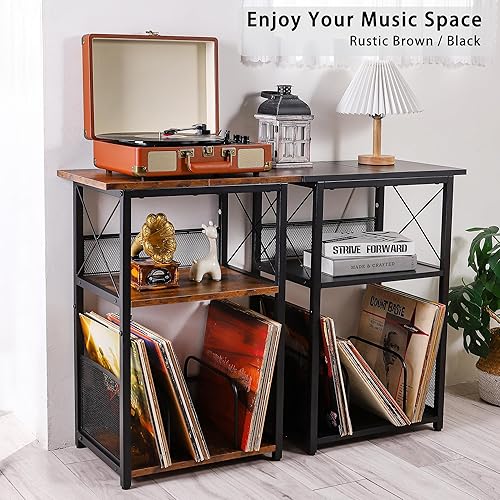 Miniatura 8 de Soporte para tocadiscos negro con almacenamiento de vinilo de hasta 100 álbumes, mesa de almacenamiento de discos de vinilo de 3 niveles con