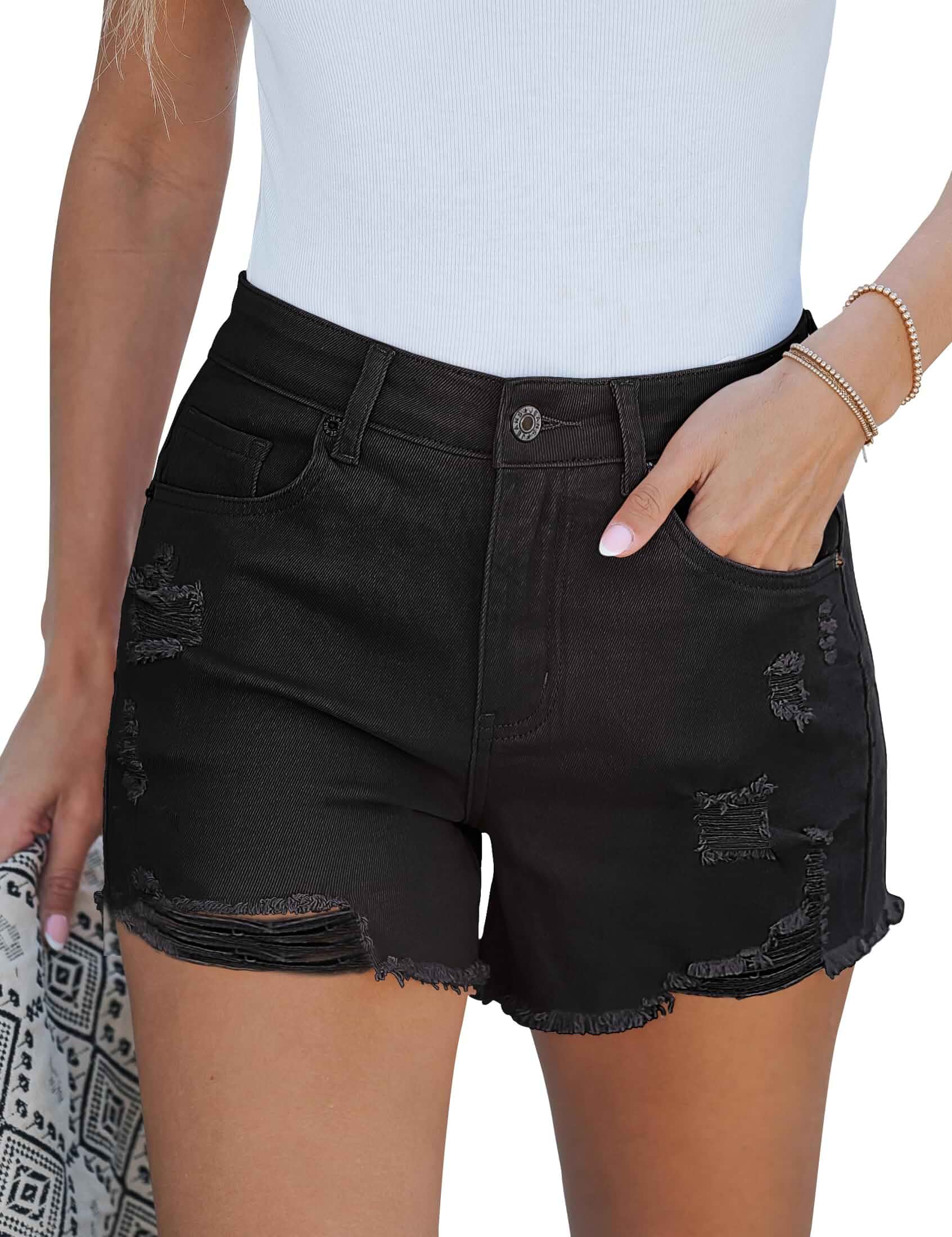 luvamia Jean Shorts for Women High Waisted Stretchy Distressed Denim Shorts Ripped Frayed Raw Hem Summer Casual Shorts