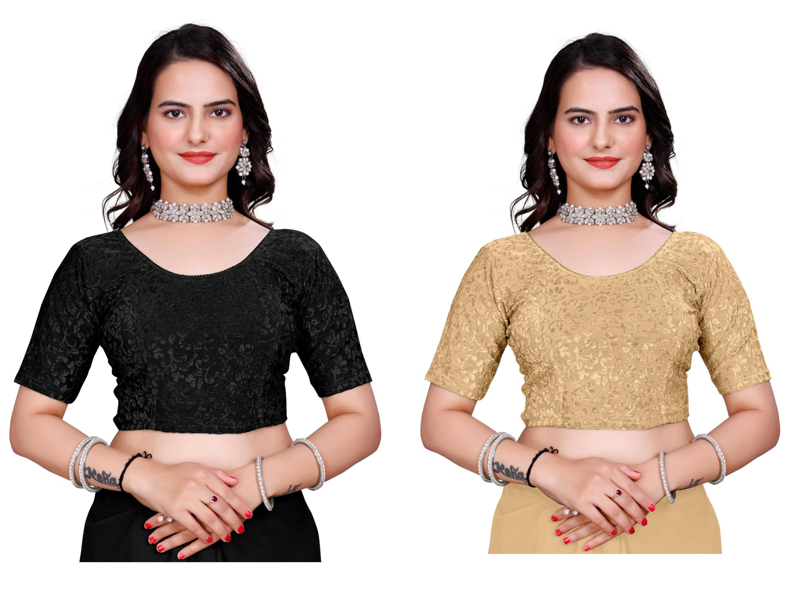 mogsa Women's Stylish Saree Blouse | Combo Pack | Readymade Round Neck, Half Sleeve Blouse | Stretchable & Comfortable Fit-picture-26