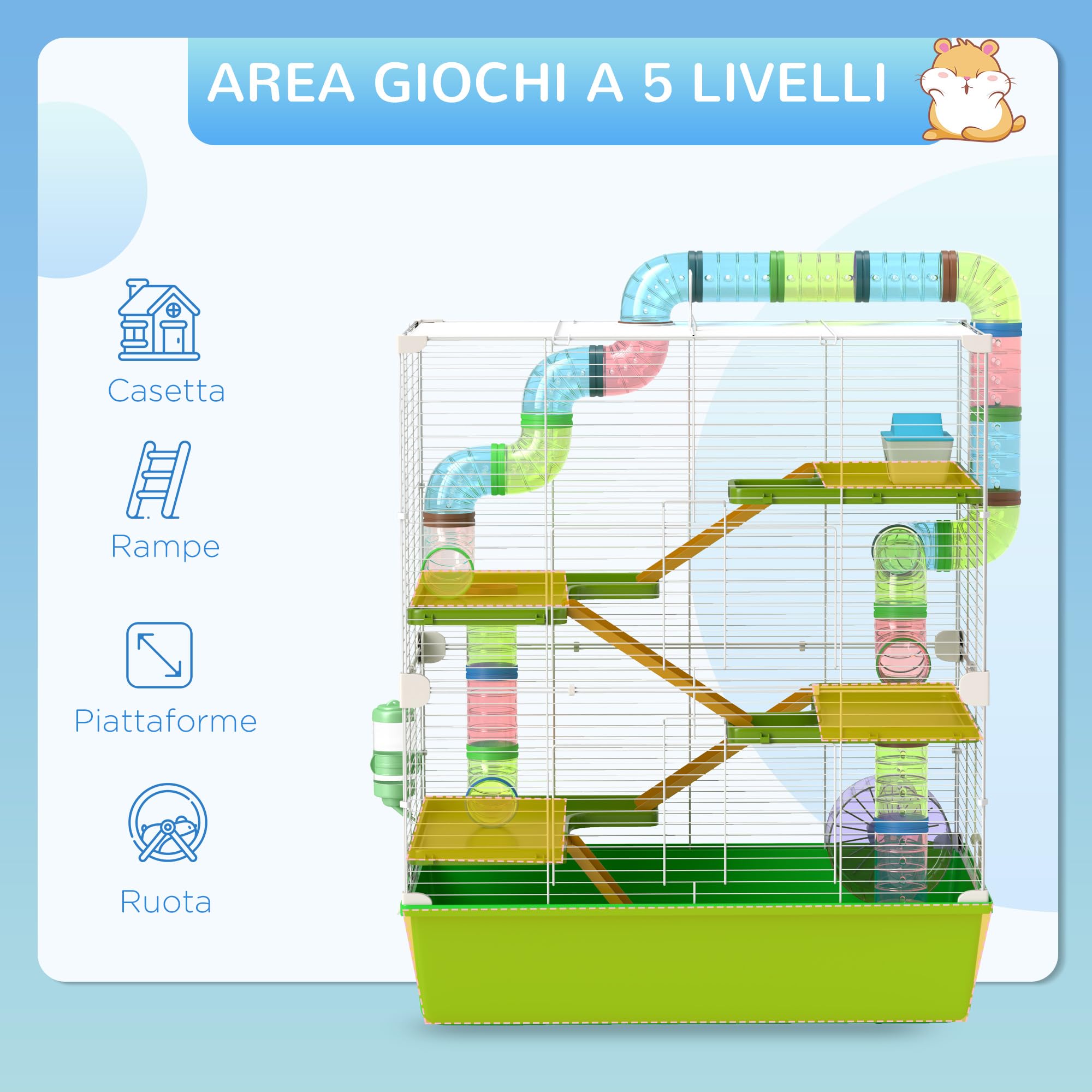 PawHut Gabbia per Criceti a 5 Livelli con Tubi, Casetta, Serbatoio dell'Acqua, Rampe, Ciotola, Piattaforme e Ruota, Gabbietta per Roditori con 2 Maniglie in Acciaio, PP e PS, 59x36x69 cm, Verde
