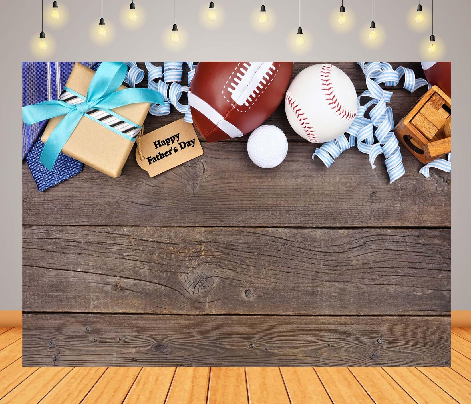 BELECO 6x3m Sfondo in tessuto Buona festa del papà | Regali cravatta blu palline sportive su tavolo legno sfondo festa papà grazie papà accessori foto