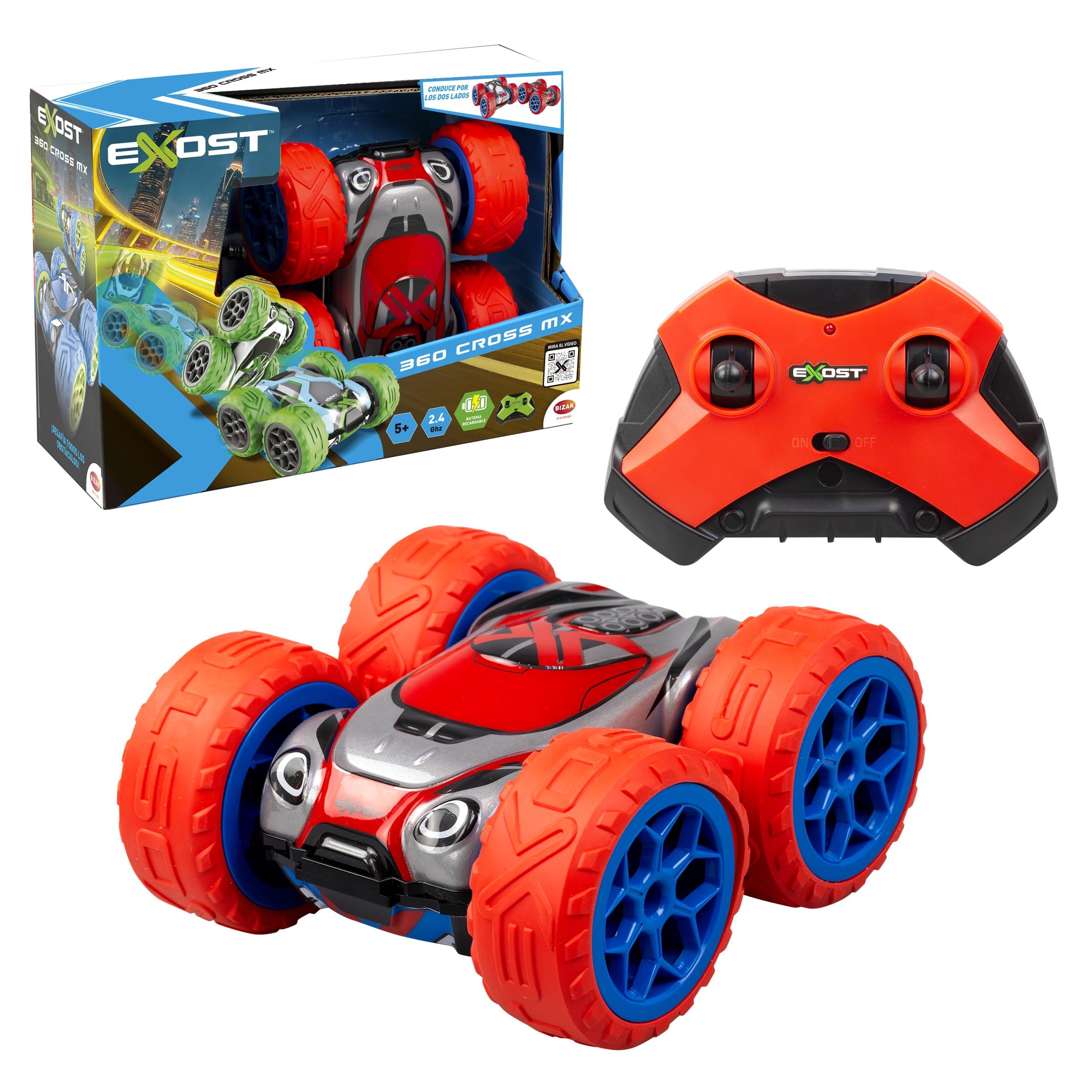 Bizak Exost 360 Cross Red, Off-Road RC Car with 360° Stunts, Swivel Wheels and Rechargeable Battery, Official Product for Children from 5 Years (62000730-3)