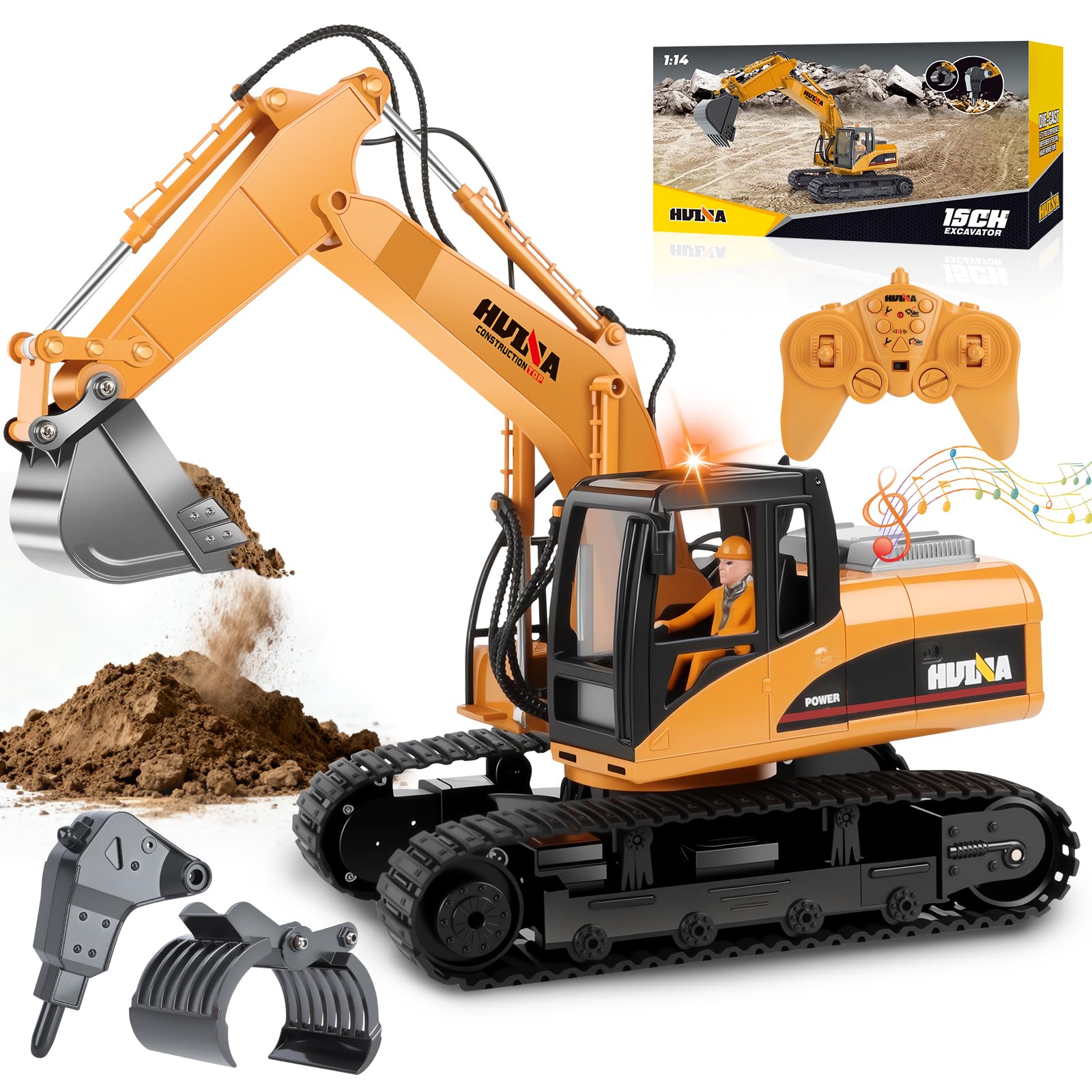 FORMIZON 2.4GHz 15CH Excavadora Teledirigido Cuchara, Martillo Hidráulico, Pinza para Madera 3-in-1 Accesorios Metálicos RC Excavadora Juguetes Regalos Niños 8-12 Años