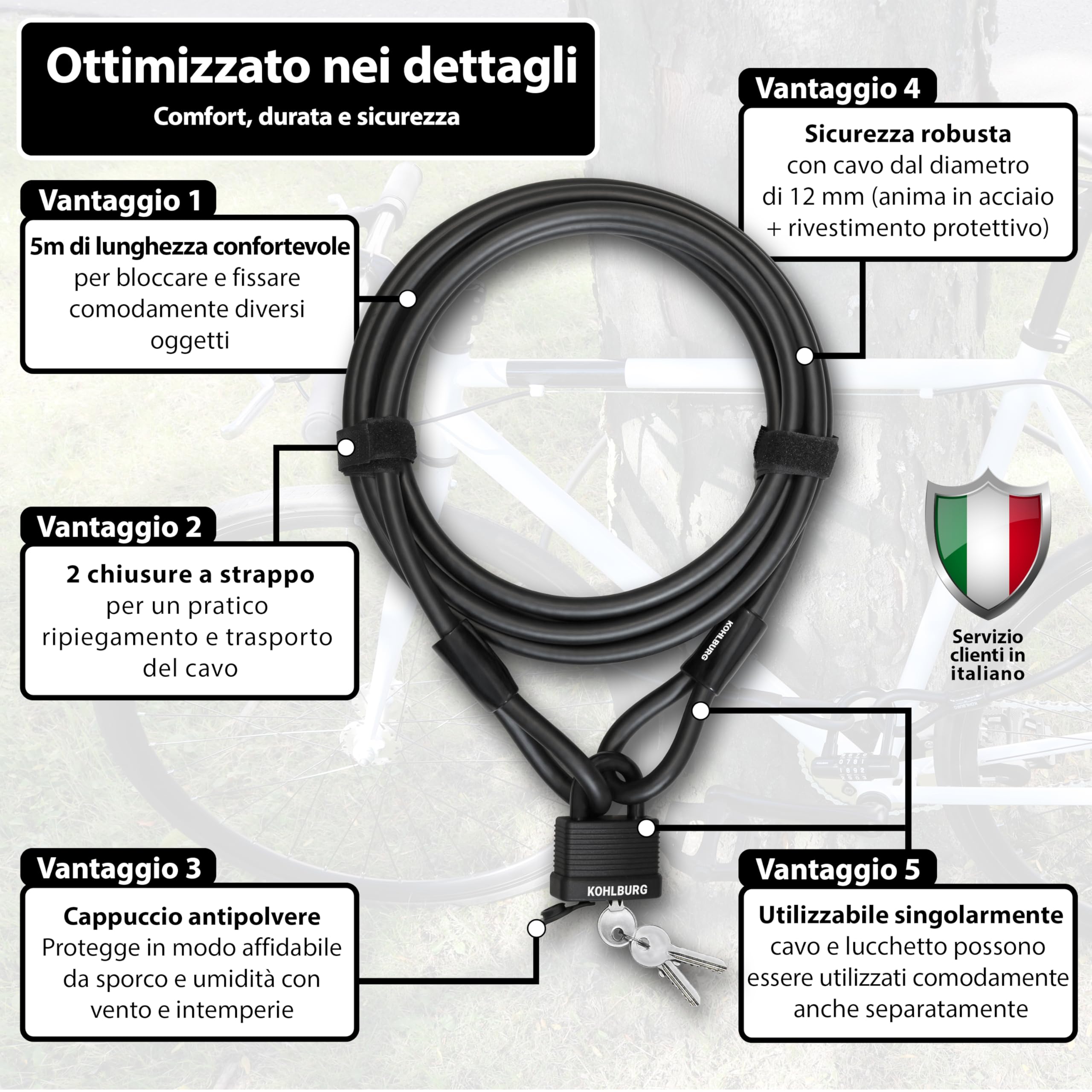 KOHLBURG antifurto bici a cavo acciaio da 5 m – lucchetto bici con chiusura a chiave a scatto cavo da 500 cm – per catenaccio bici elettrica, per rimorchio, bicicletta, monopattino e passeggino