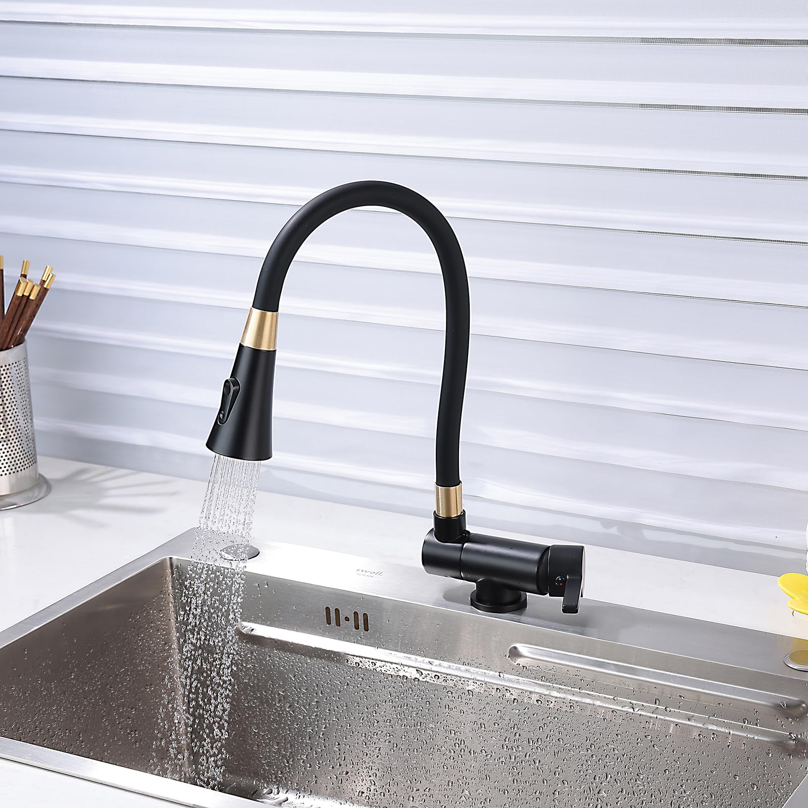 ZYCHSJXA Folding Kitchen Mixer Tap Sink Taps Black with Rotation Spout 360 Swivel Faucet Hot and Cold Water Black+Gold