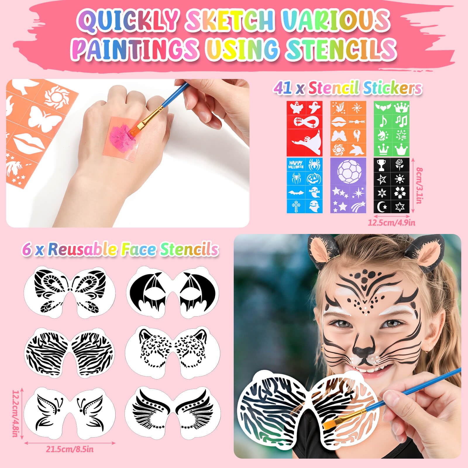 Kit profesional de pintura facial, paleta de aceite de 26 colores con 6 plantillas, 41 calcomanías de plantilla, 10 pinceles, 9 purpurina corporal, 2 hojas de gemas adhesivas, pintura facial arcoíris 5