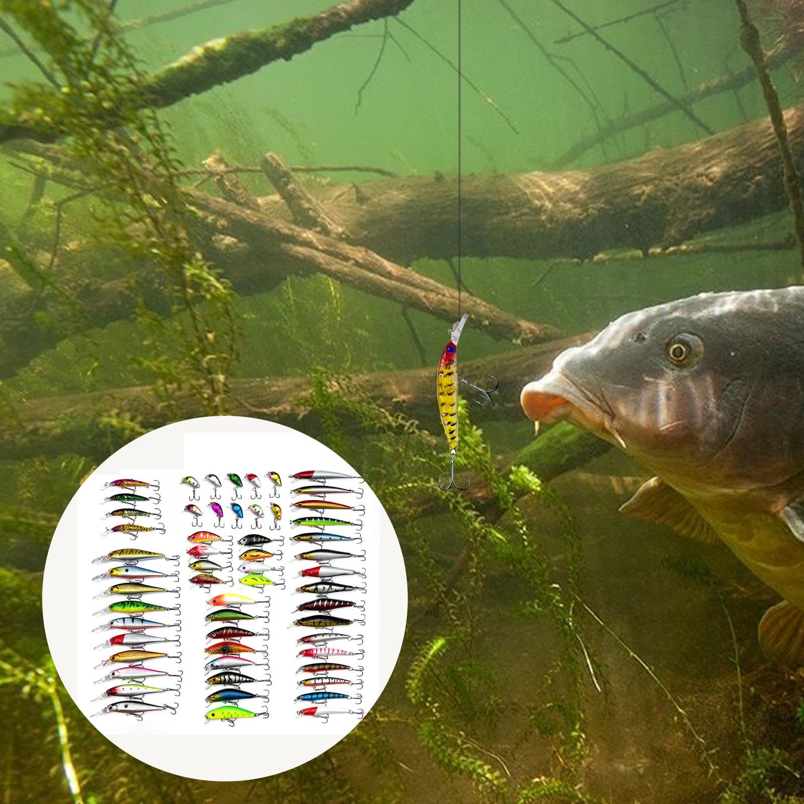 Kit di esche per basso, set di esche da pesca, Attrezzatura per esche da pesca con esche artificiali da 56 pezzi, Kit di esche da pesca per carpa, testa di serpente, acqua salata, acqua, spigola, luc