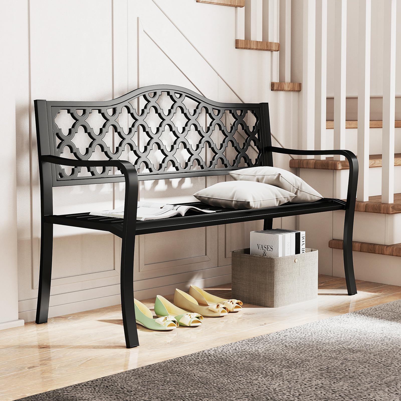 COSTWAY Panchina da Esterno in Metallo con Doghe e Braccioli Curvati | Panca da Giardino 128 x 54 x 89 cm per 2-3 Persone per Piscina e Veranda, Nero