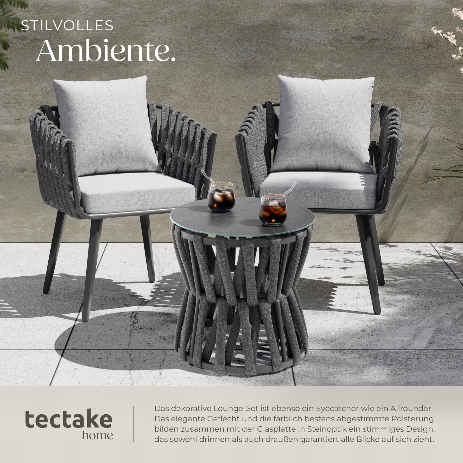 tectake® Gartenmöbel-Set Lugano Rope-Design, Aluminiumgestell, Tisch 2 Stühle, Dicke Sitzpolster, Gartenlounge, Loungemöbel, Gartensitzgruppe, Outdoor Lounge Set, Terrassenmöbel, Balkonmöbel