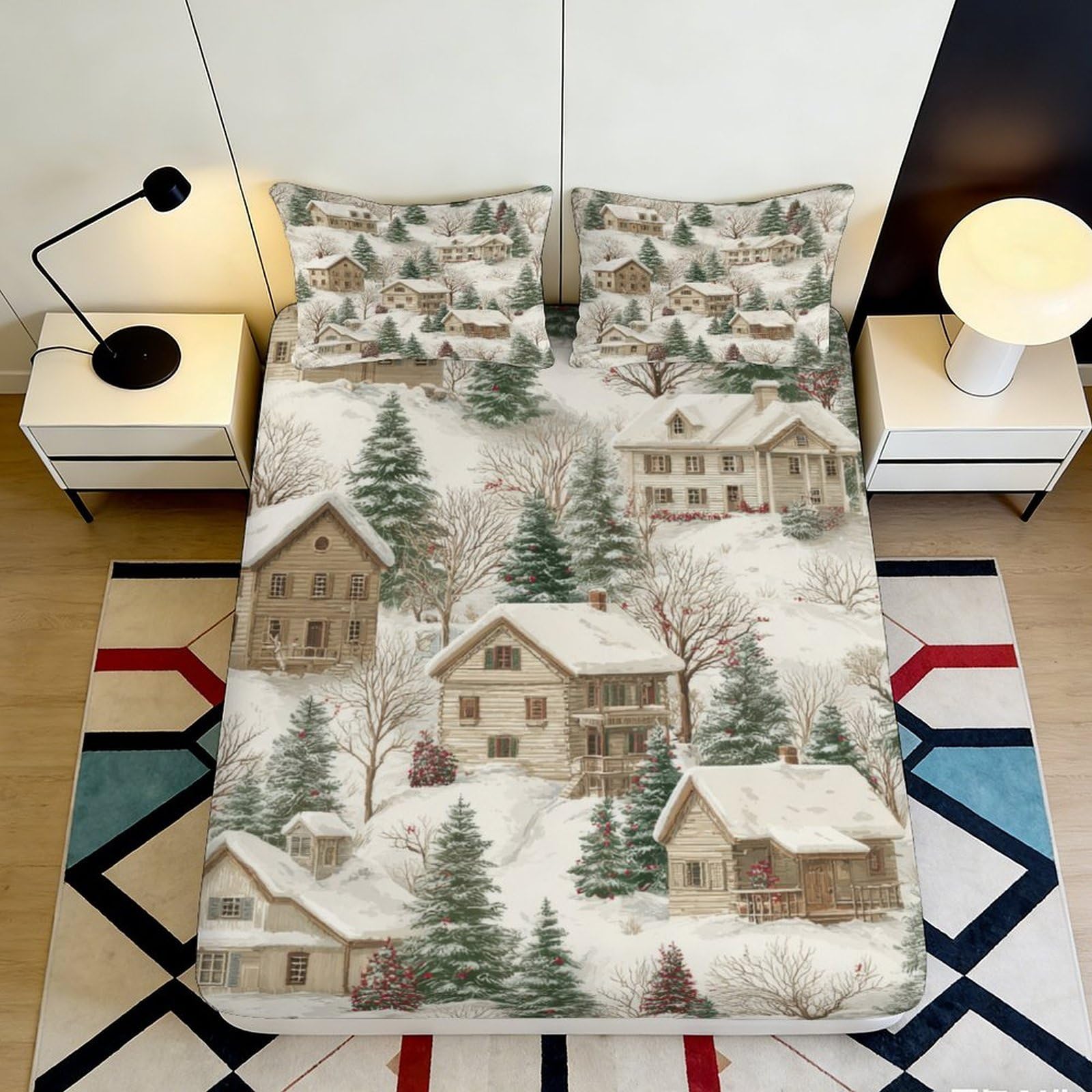Dhbaneiok Style-3 3D Printed Winter Village Fitted Sheet Microfiber Soft Snowy Landscape Bed Cover For Bedroom Guest Room Decor 90X200x25cm