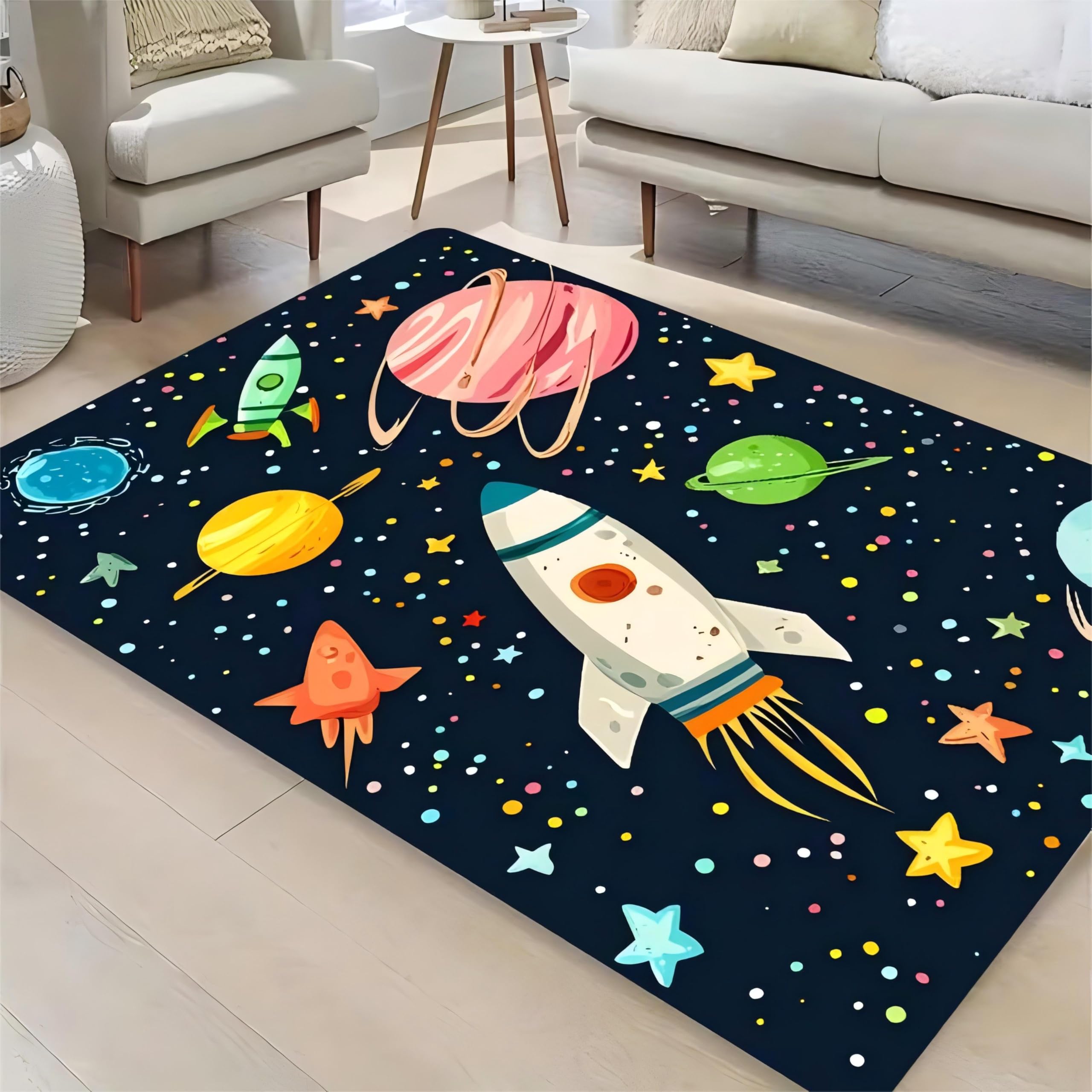 Cartoon Starry Sky Rug, 180x230cm Cute Space Colorful Planet Rocket Children's Boys and Girls Bedroom Floor Carpet for Living Room and Bedroom, Washable Soft Non-Slip Large-Size Rugs, Patterned Rugs