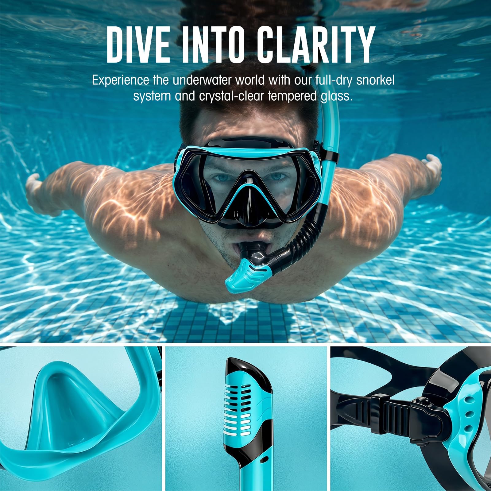 Schnorchelset Erwachsene mit Taucherbrille und Dry Schnorchel, Tauchmaske aus Gehärtetem Glas, Anti-Fog Anti-Leck, für Schwimmen/Schnorcheln/Tauchen
