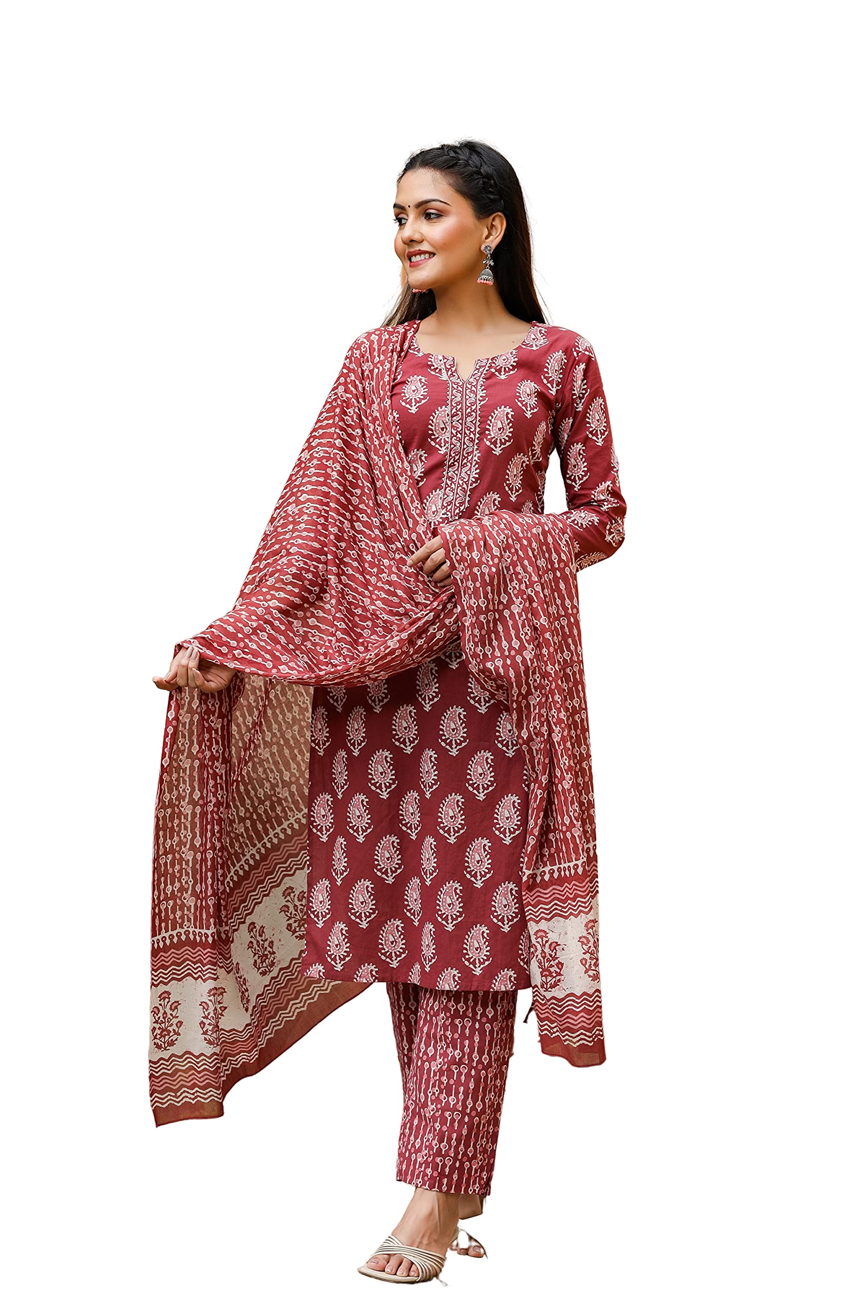 VaamsiWomen's Maroon Rayon Blend Paisley Straight Printed Kurta Pant With Dupatta Set | Office Wear Straight Kurta Set | Printed Salwar Suit For Women