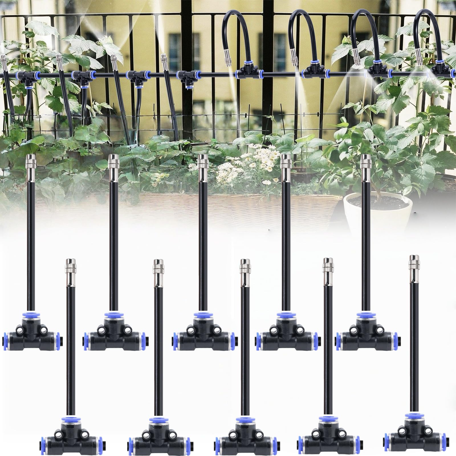 Garden Irrigation Kit, 10 T-connectors &10 360° Adjustable 8mm Spray Hose with Brass Nickel-plating Nozzles