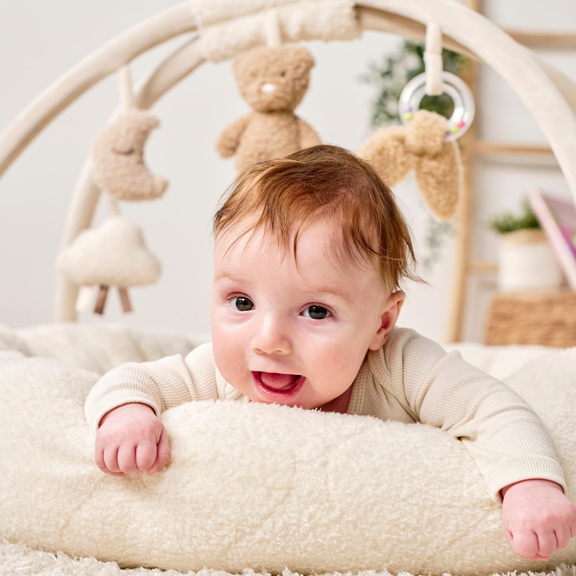 Nattou Runde Krabbeldecke mit Spielbogen, Ca. 90 cm, 100% Polyester, Teddy, Ecru