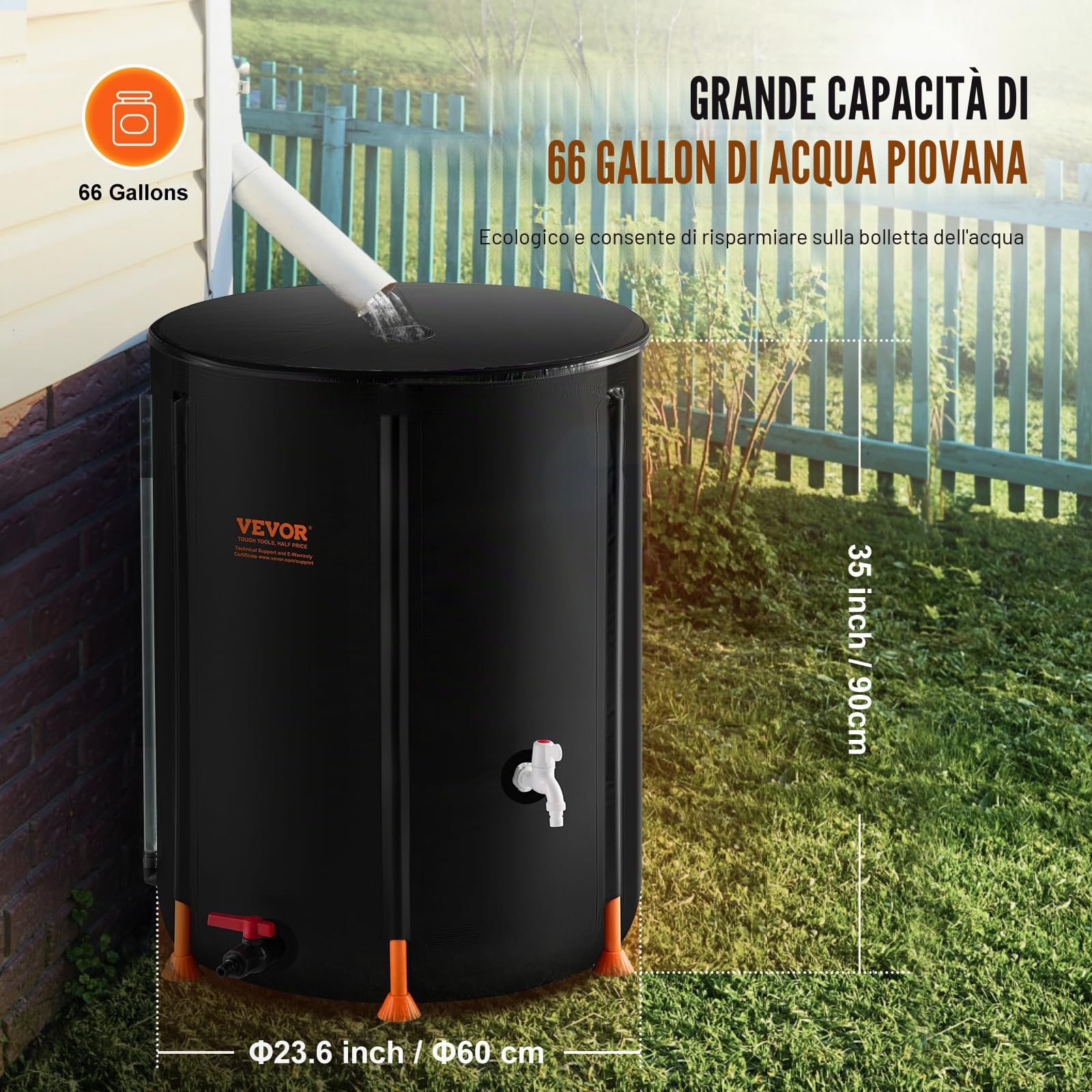 VEVOR Barile per Pioggia Pieghevole 68 x 60 x 90 cm Barile Portatile per Raccolta Acqua Piovana 250 L Sistema Raccolta Acqua Piovana con Rubinetti, Barile Acqua per Raccoglitore d'Acqua da Giardino