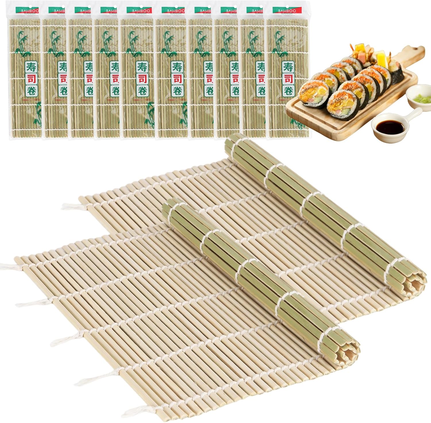10PCS Bamboo Sushi Mat 9.5"x9.5" – Durable Bamboo Sushi Rolling Mat, Tightly-Bound Design for Home Cooking & Professional Sushi Making (Green)