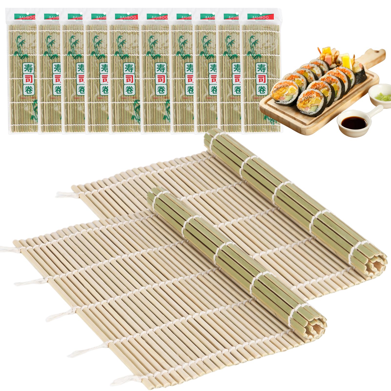 10PCS Bamboo Sushi Mat 9.5"x9.5" – Eco-Friendly Sushi Rolling Mat Bamboo, Upgraded Durable Sushi Roller for Home Cooking, Tightly-Bound Design, Beginners & Professional Sushi Making Kit (Green)
