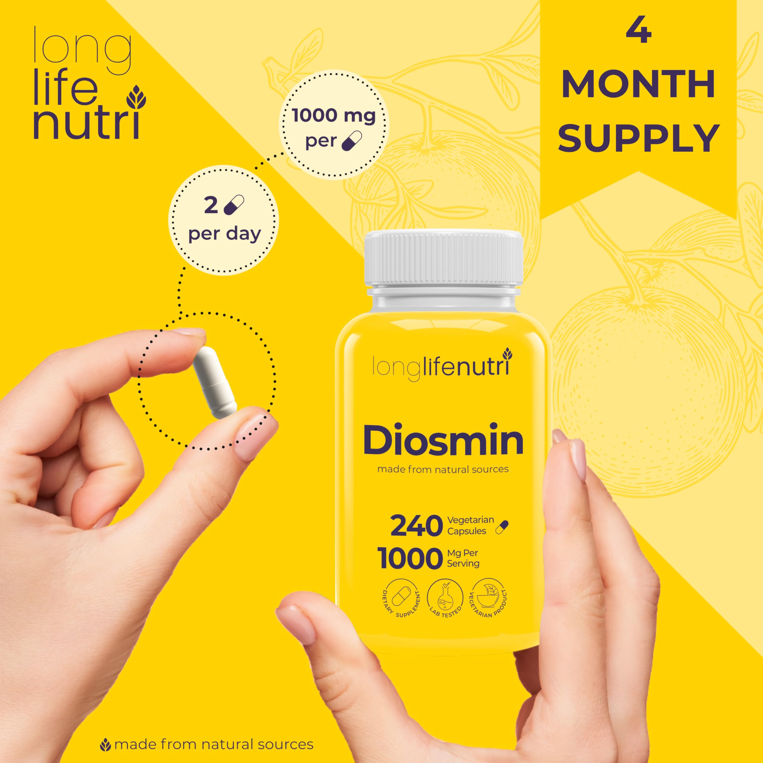 LongLifeNutri Diosmin 1000mg, 240 Vegetarian Capsules, 4-Month Supply — Amazon image 5