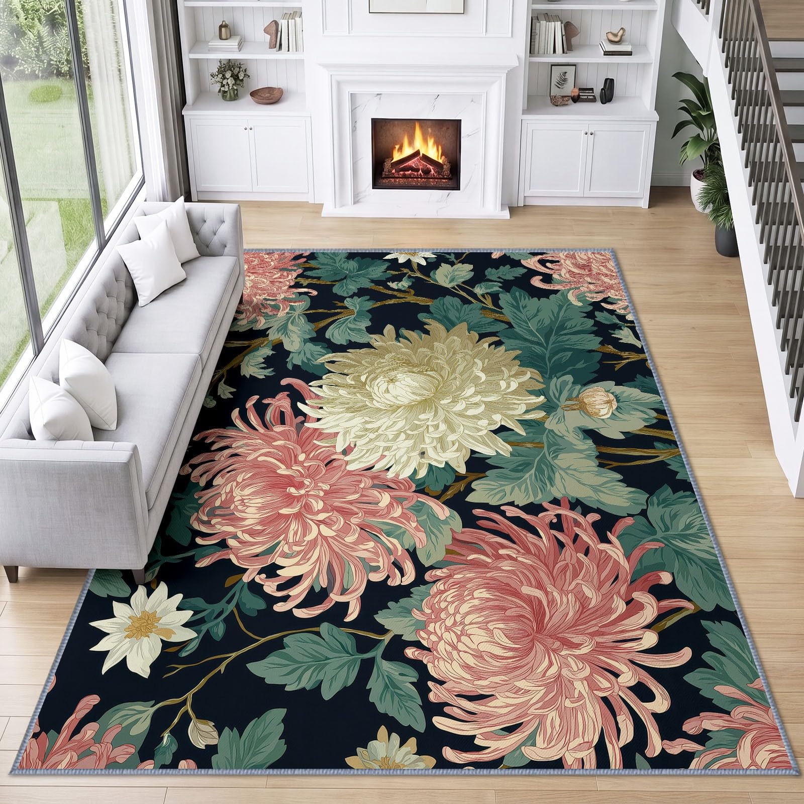 Generisch Chrysantheme Dahlie Kurzflor Teppich 240 x 300 cmweich pflegeleicht, Klassisch Handwerk Pflanze Waschbarer Teppich rutschfest Kurzflorig Weich für Wohnzimmer Schlafzimmer Esszimmer