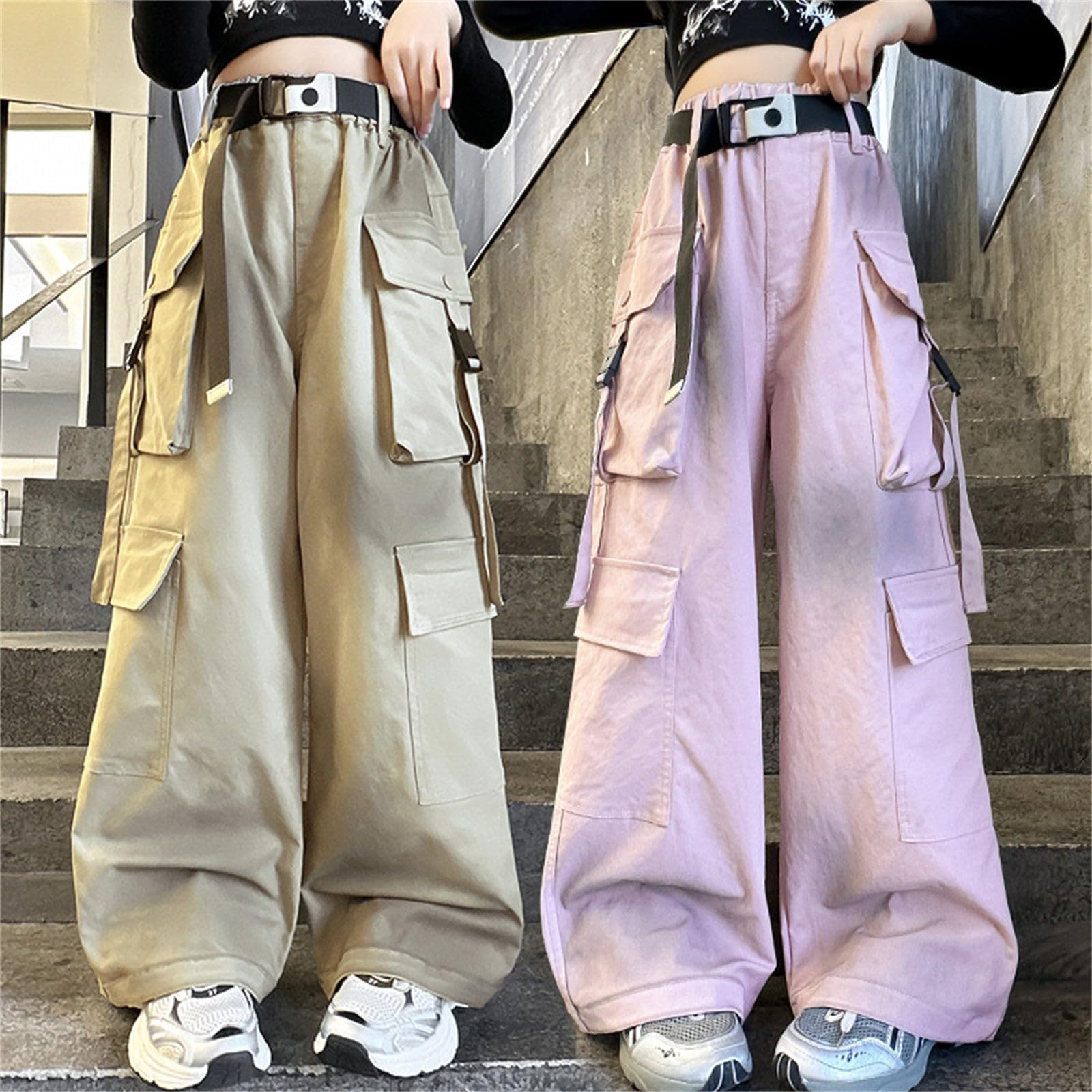 Pantalon cargo hip-hop pour filles - Taille haute - Plusieurs poches - Pantalon ample pour l'école - Taille élastique - Style décontracté - Esthétique et tendance, kaki, 11-12 ans