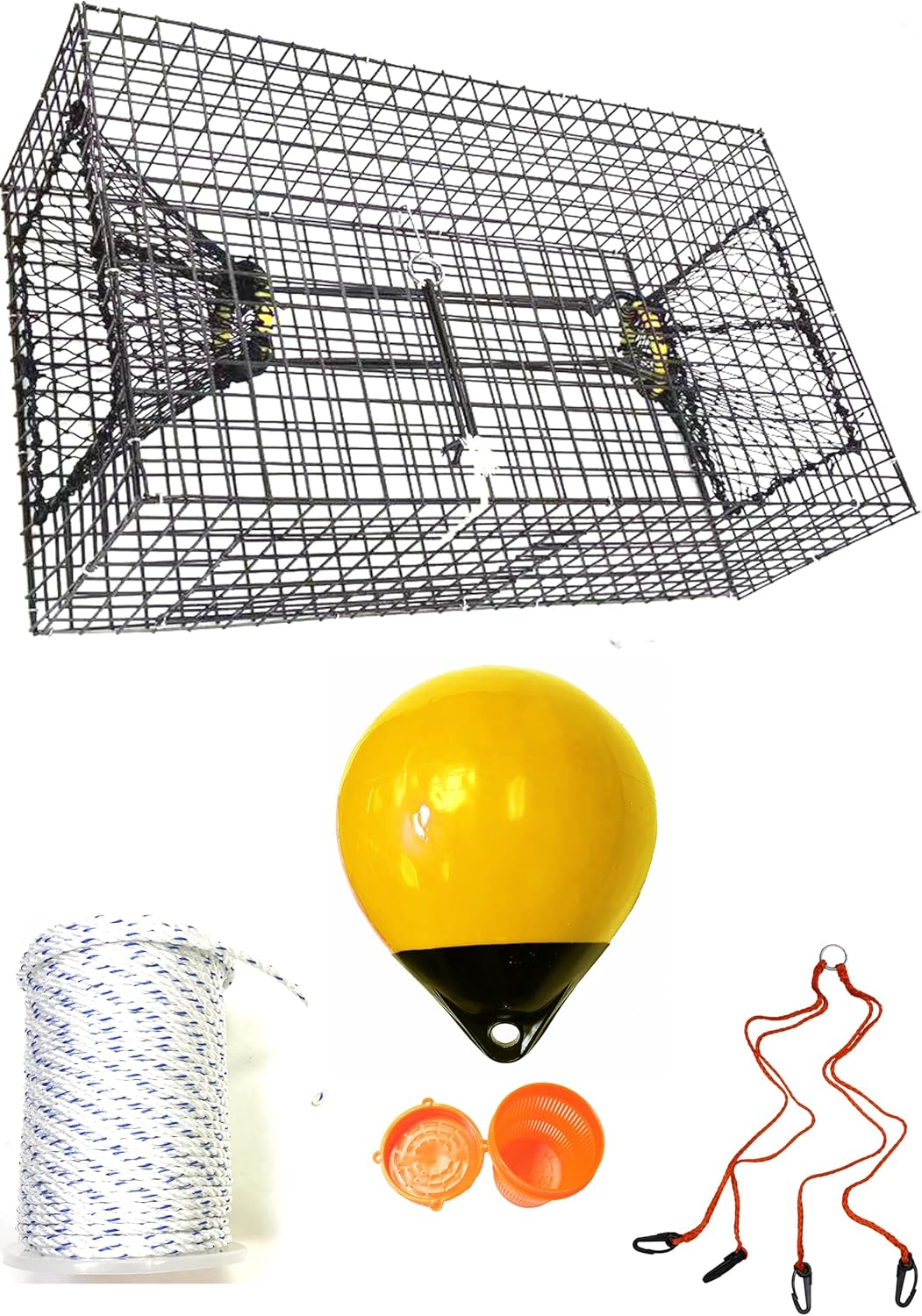 KUFA Sports Vinyl Coated Metal Mesh Prawn Trap (Mesh Size:1"x1") with 400' Rope, Yellow Float, Bait Bag & Harness Combo