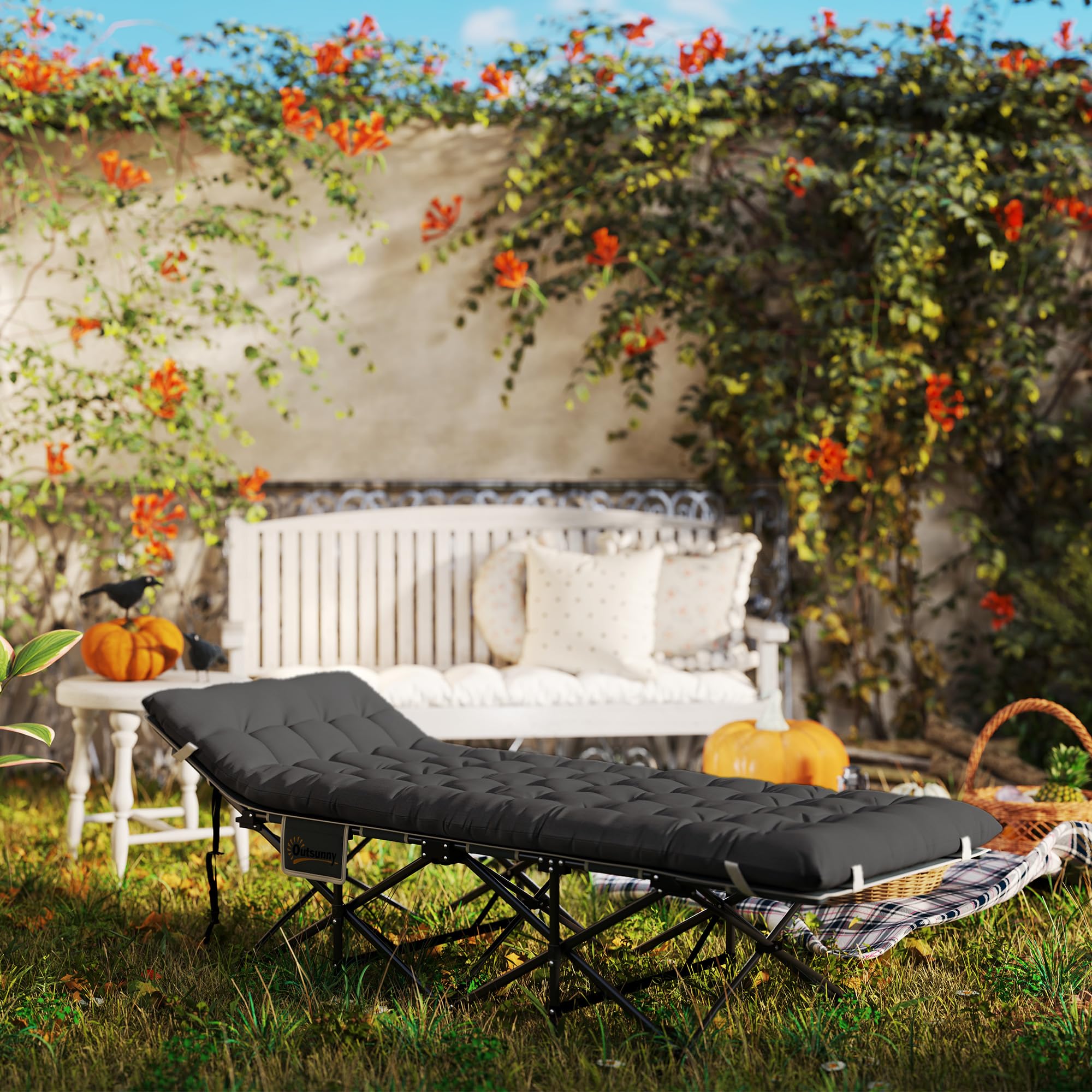 Outsunny Lettino da Campeggio Pieghevole con Poggiatesta Inclinato e Materasso Rimovibile, Brandina da Campeggio in Tessuto Oxford con Borsa da Trasporto, 68x186x37 cm, Nero