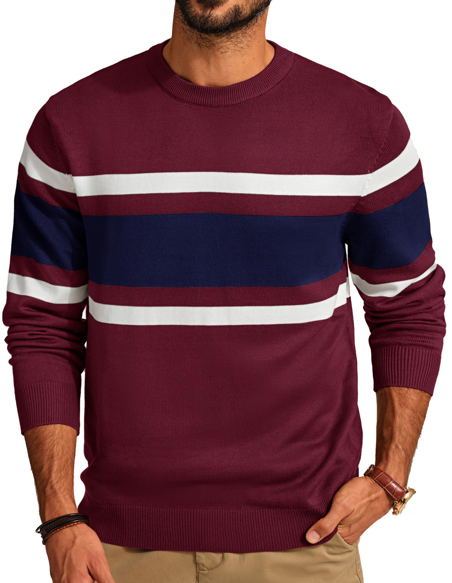 Mens Pullover Sweaters Striped Crewneck Sweater
