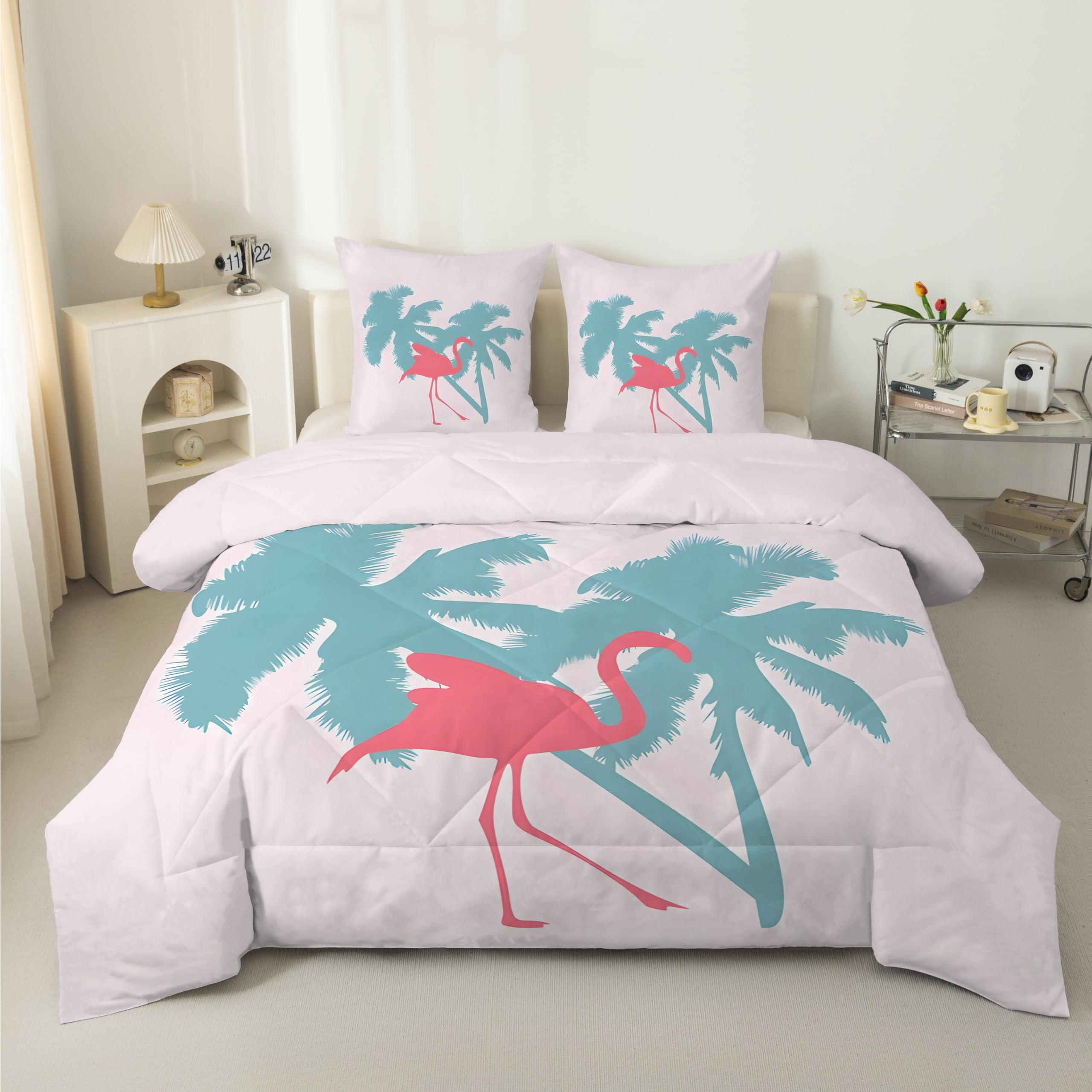 Flamencos Edredon Estampado 4 Estaciones, Plantas Tropicales Edredón Ajustable Relleno Nórdico Cama 80/90 Estampado, Animales Edredones Reversible 155x220 cm para Niñas Niños Juveniles K233