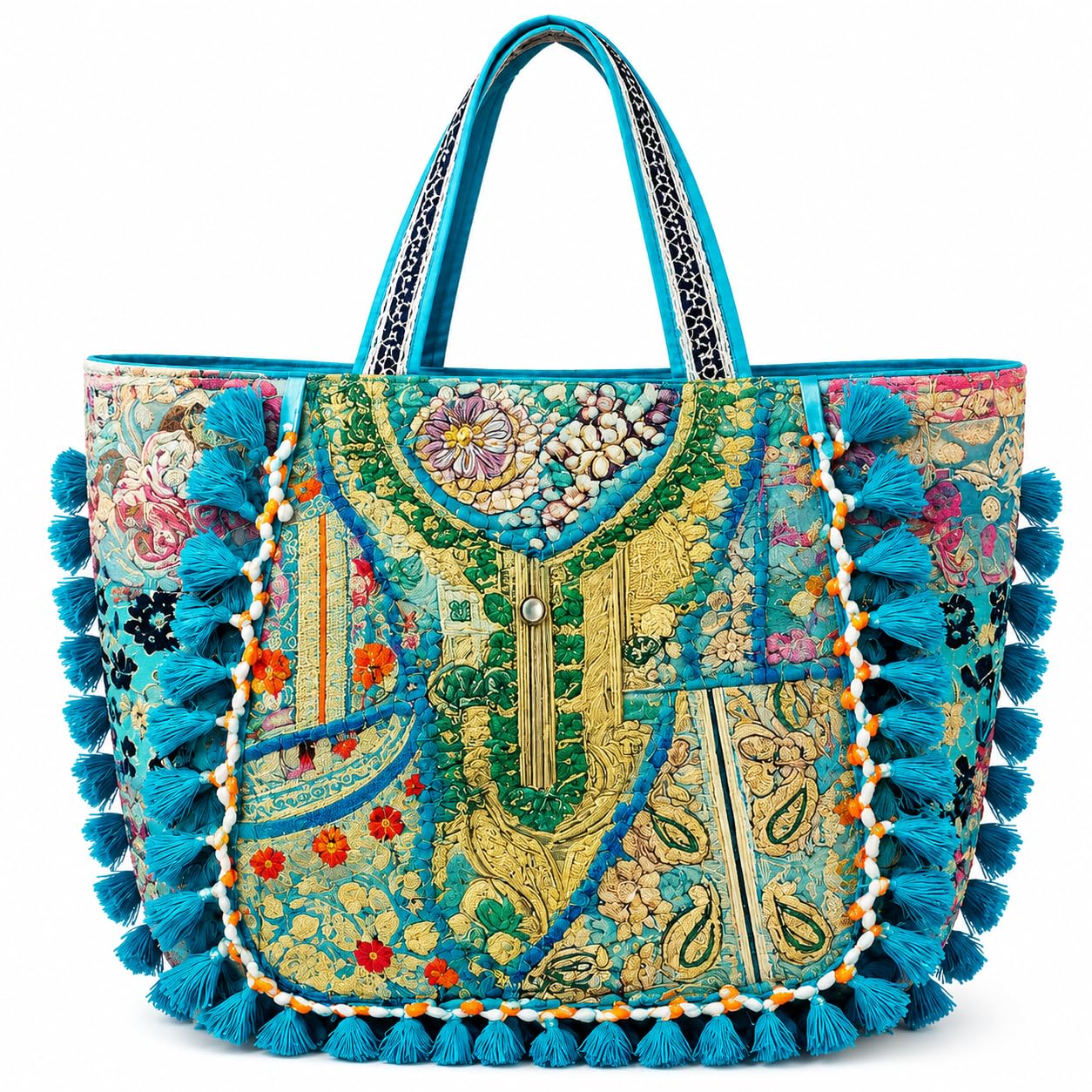 Handmade Rajasthani Handicraft Tote Bag for Women, Embroidered Patchwork Ethnic Shoulder Bag, Boho Bohemian Fabric Handbag, Designer Shopping Tote, Traditional Artisan Bag, Turquoise-image-20