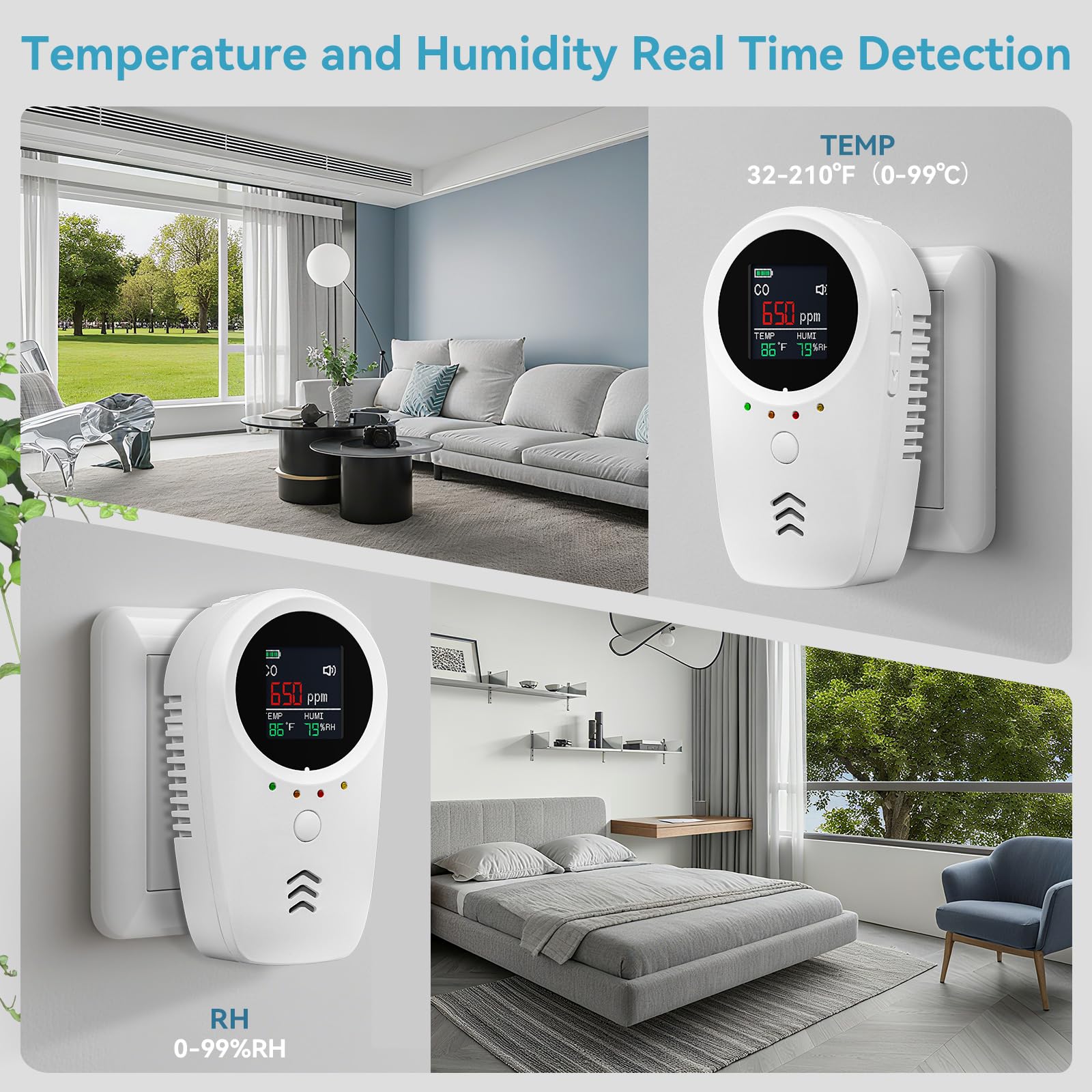 5-in-1 Carbon Monoxide Detectors,Plug-in Gas Detector with Rechargeable Backup Battery,Monitoring CO Natural Gas Temperature and Humidity Sound Light Alarm Detector,LCD Screen Brightness Adjustable — view 5