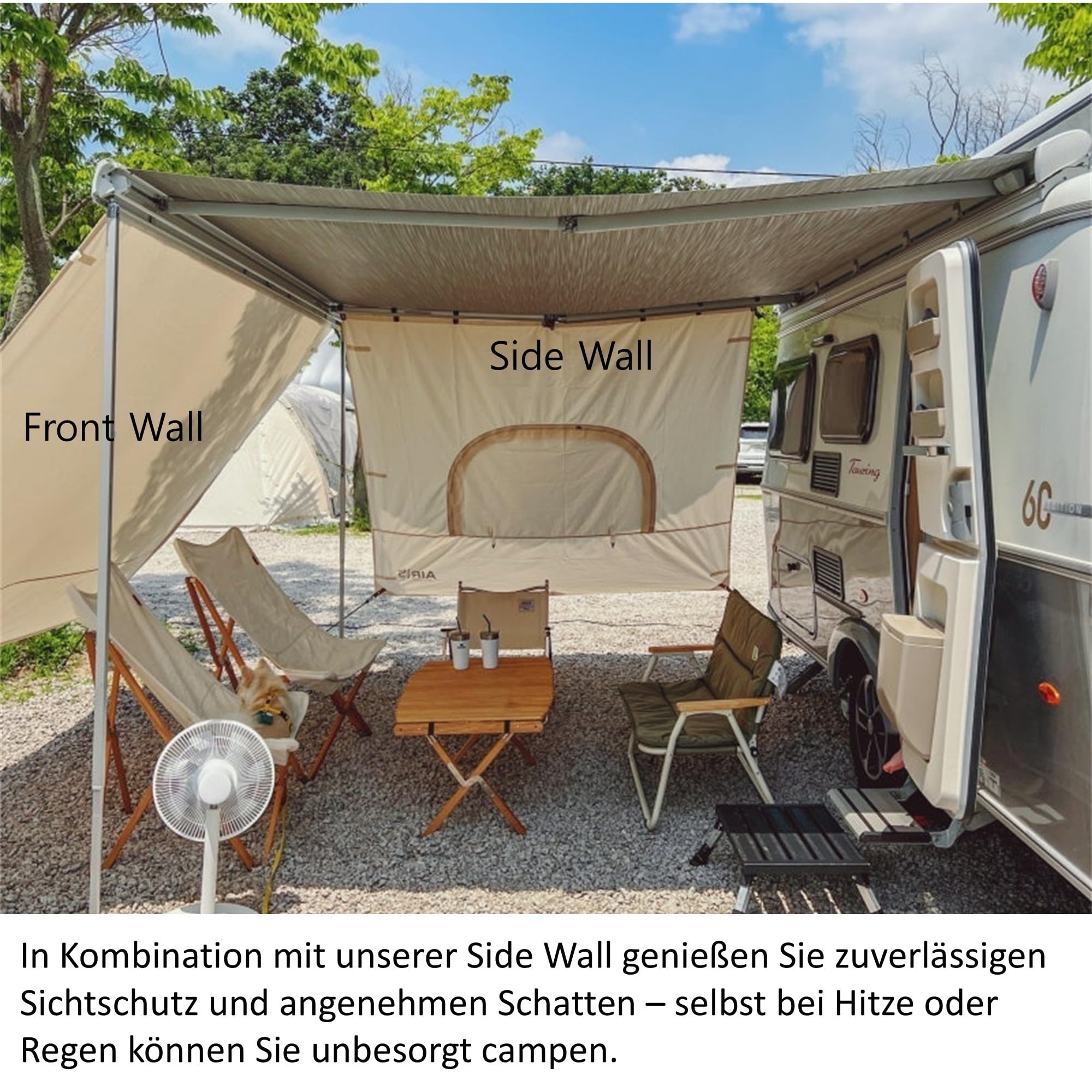 AIRIS Sun & Rain Blocker – Markisenvorderwand oder Seitenwände für Markisen – Premium Baumwollgewebe – Sicht- und Sonnenschutz für Camper & Wohnmobil – deutlich kühler als Polyester