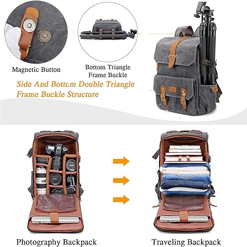 Miniatura 4 de UBAYMAX - Mochila para cámara, mochila de lona impermeable para cámara DSLR/SLR, bolsa de 15.6 pulgadas para laptop, bolsa de viaje para cámara