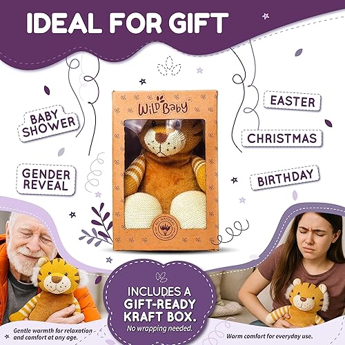 Miniatura 5 de WILD BABY Juguete de peluche para microondas y con peso, animal de peluche de tigre para mayor comodidad y calidez, peluche suave y calentable para