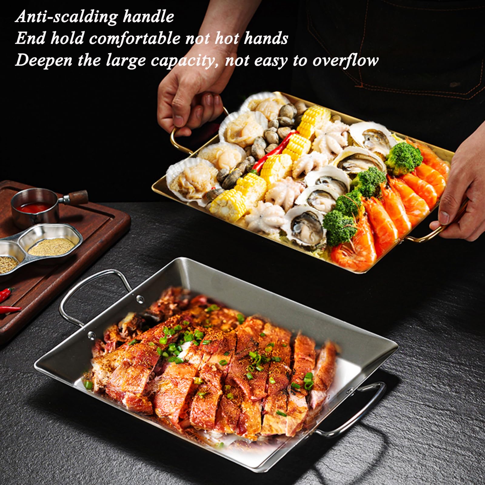 SVRITE Padella rettangolare per paella, in acciaio inox, 3 misure, per insalata e sushi, per uso commerciale, casa, cucina, snack, pizza e barbecue (argento, M)