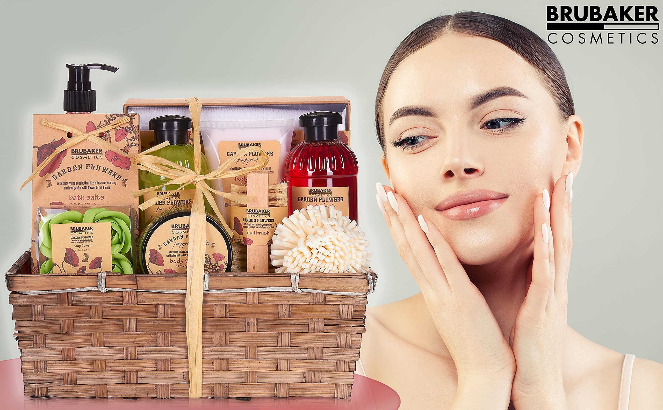 BRUBAKER Cosmetics Set de Baño y Ducha Garden Flowers 14 piezas Cesta Regalo Mujer