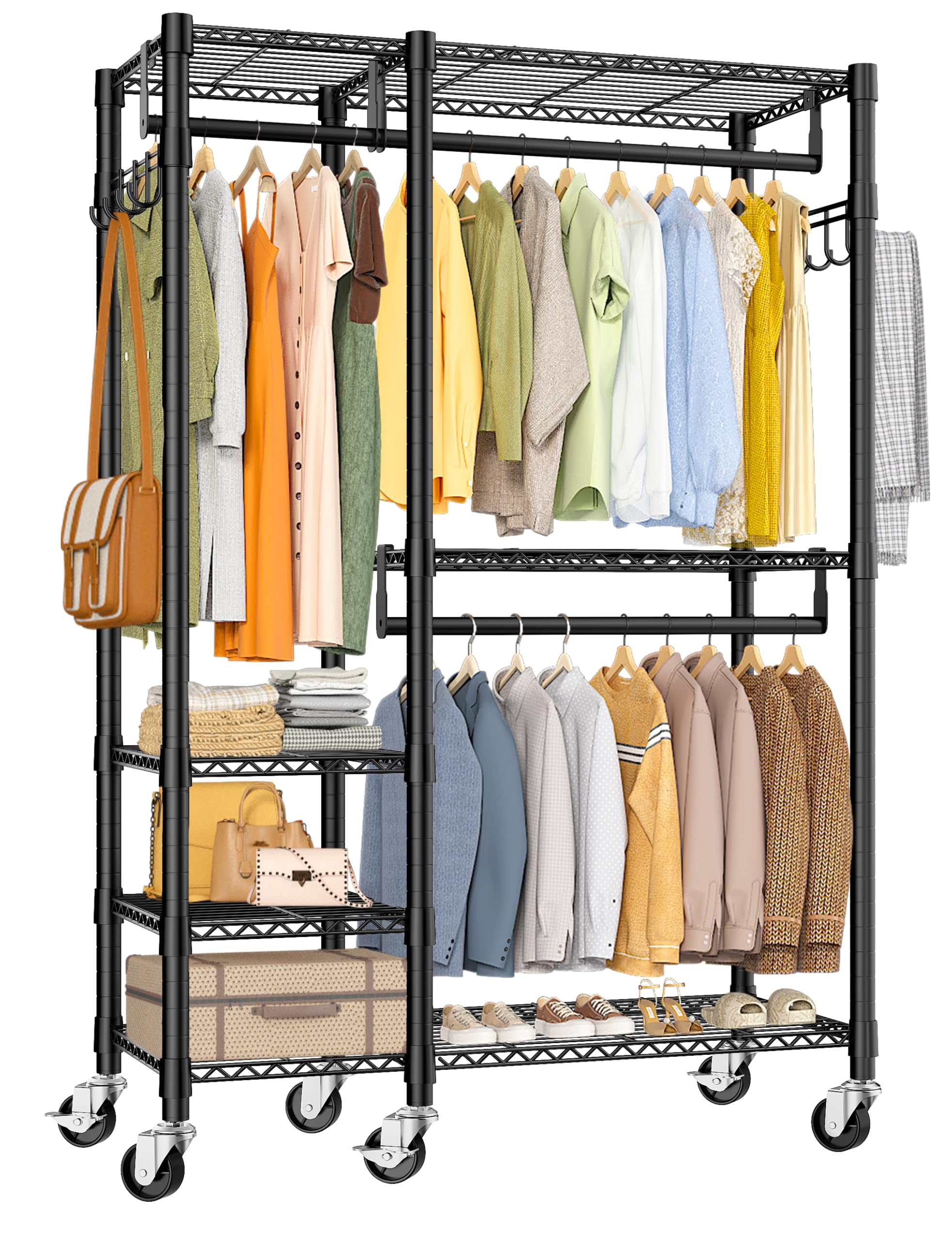 Rolling Heavy Duty Clothes Racks for Hanging Clothes, Portable Garment Clothing Rack with Shelves Double Rods and Side Hooks, Freestanding Wardrobe Closet Organizer Storage, 45"X17.1"X76.4"