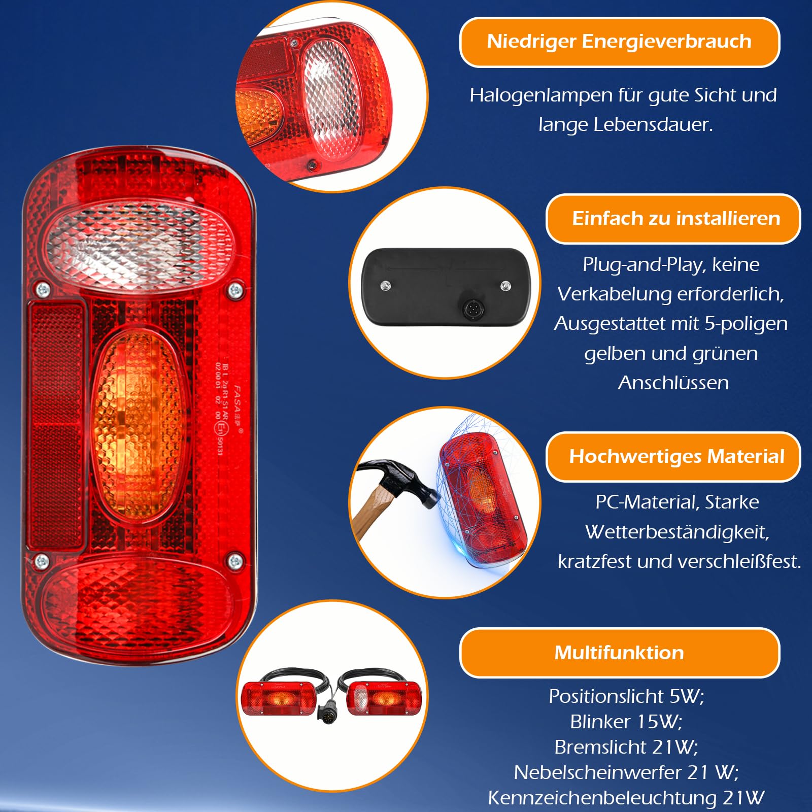Warmfay Rücklicht Anhänger Beleuchtung, 12V 13 Polig Stecker Anhänger Rücklicht Set mit 6 Funktionen inkl. 5M Kabelsatz, Anhängerbeleuchtung Rücklichter mit E-Geprüfte für Traktor LKW Wohnmobil