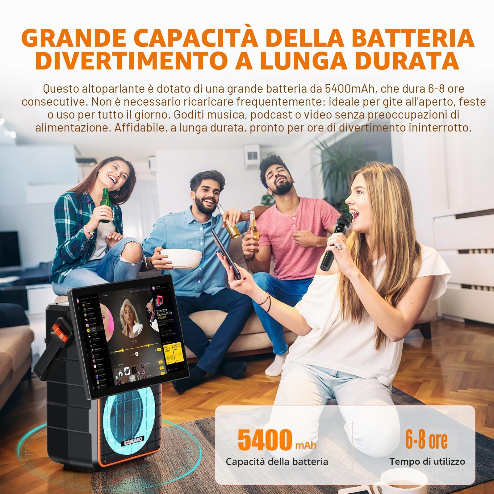 Altoparlante Bluetooth portatile per karaoke con schermo HD da 14,1 pollici, mirroring dello schermo wireless per iOS e Android, 2 microfoni wireless, AUX/USB/scheda TF, visualizzazione dei testi