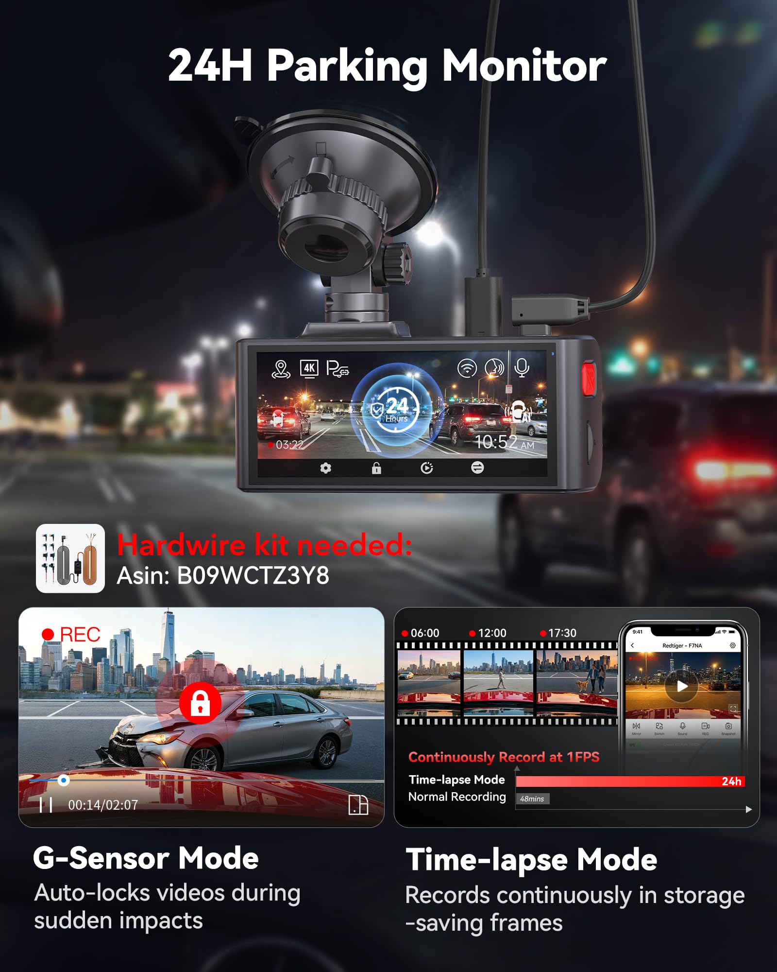 REDTIGER F7NA 4K Dashcam Vorne Hinten, STARVIS 2 IMX678 8MP Ultra HD Autokamera, 5.8GHz WLAN(20MB/s), GPS & Sprachsteuerung, HDR Nachtsicht, 24H Parküberwachung, Ohne SD-Karte, Bis zu 512GB Max