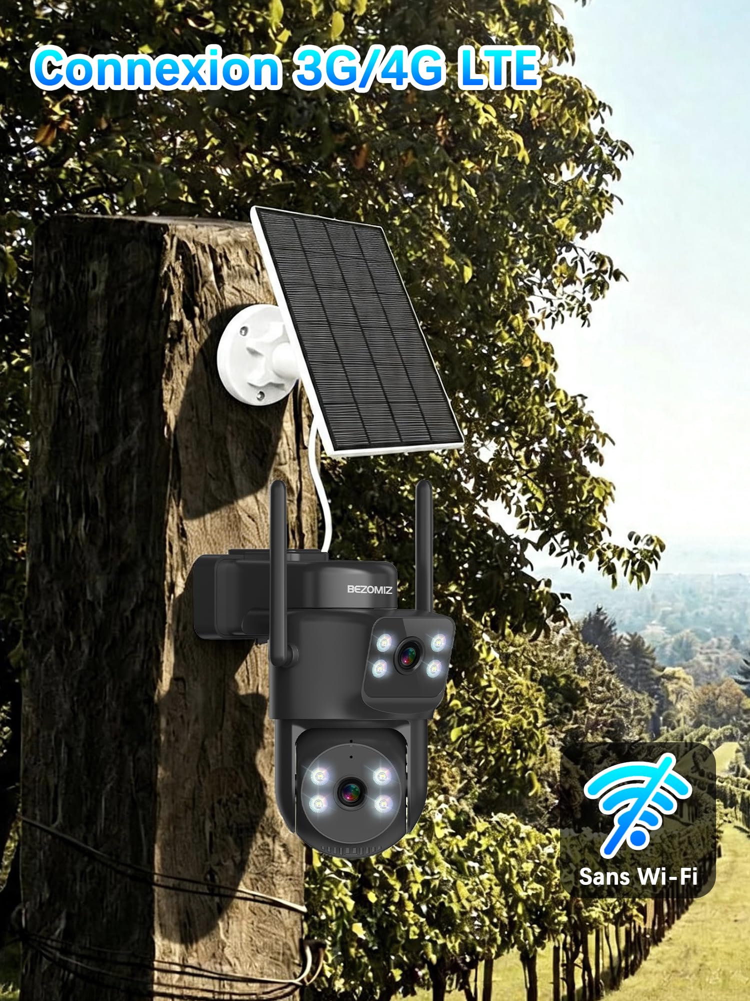 4G LTE caméras de Surveillance Solaire avec Carte Sim,à Double Objectif,AOV 24/7,360° PTZ Caméra Extérieure,4K Détection Humaine,Suivi Automatique,Vision Nocturne Couleur,Audio Bidirectionnel
