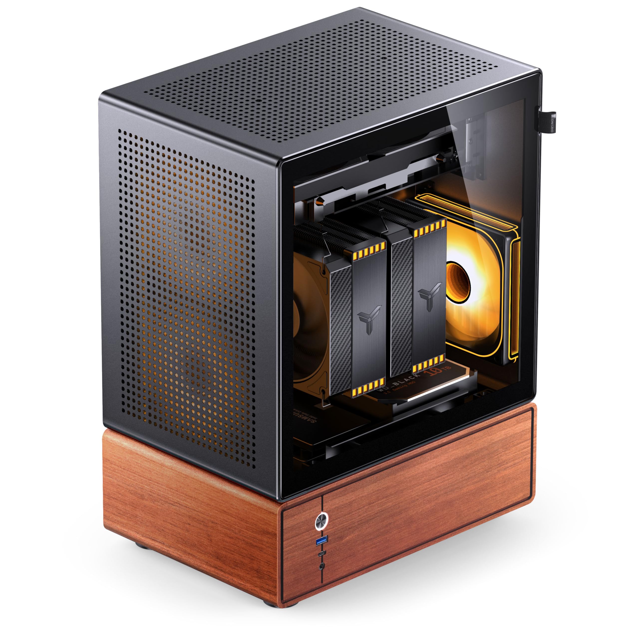 Jonsbo T7 Micro-ATX PC-Gehäuse – Schwarz | mATX Case mit Aluminium & Holzgriff, Tempered Glass, Zwei-Kammer-Design, USB-C
