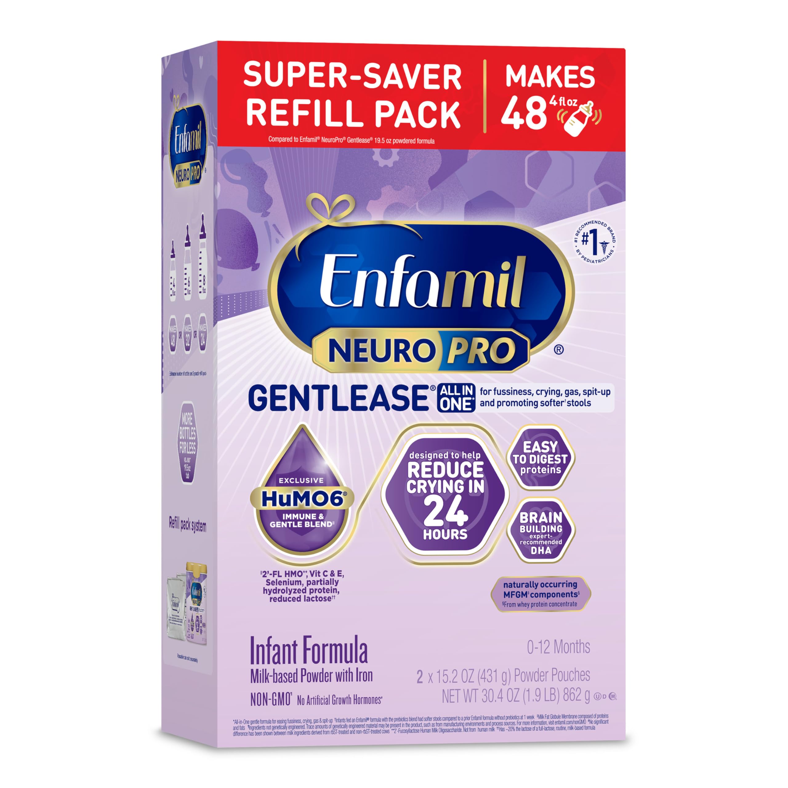 EnfamilNeuroPro Gentlease Baby Formula, Brain Building DHA, HuMO6 Immune Blend, Designed to Reduce Fussiness, Crying, Gas & Spit-up in 24 Hrs, has Prebiotics to Promote Softer Stools, Baby Milk, 30.4 Oz Refill