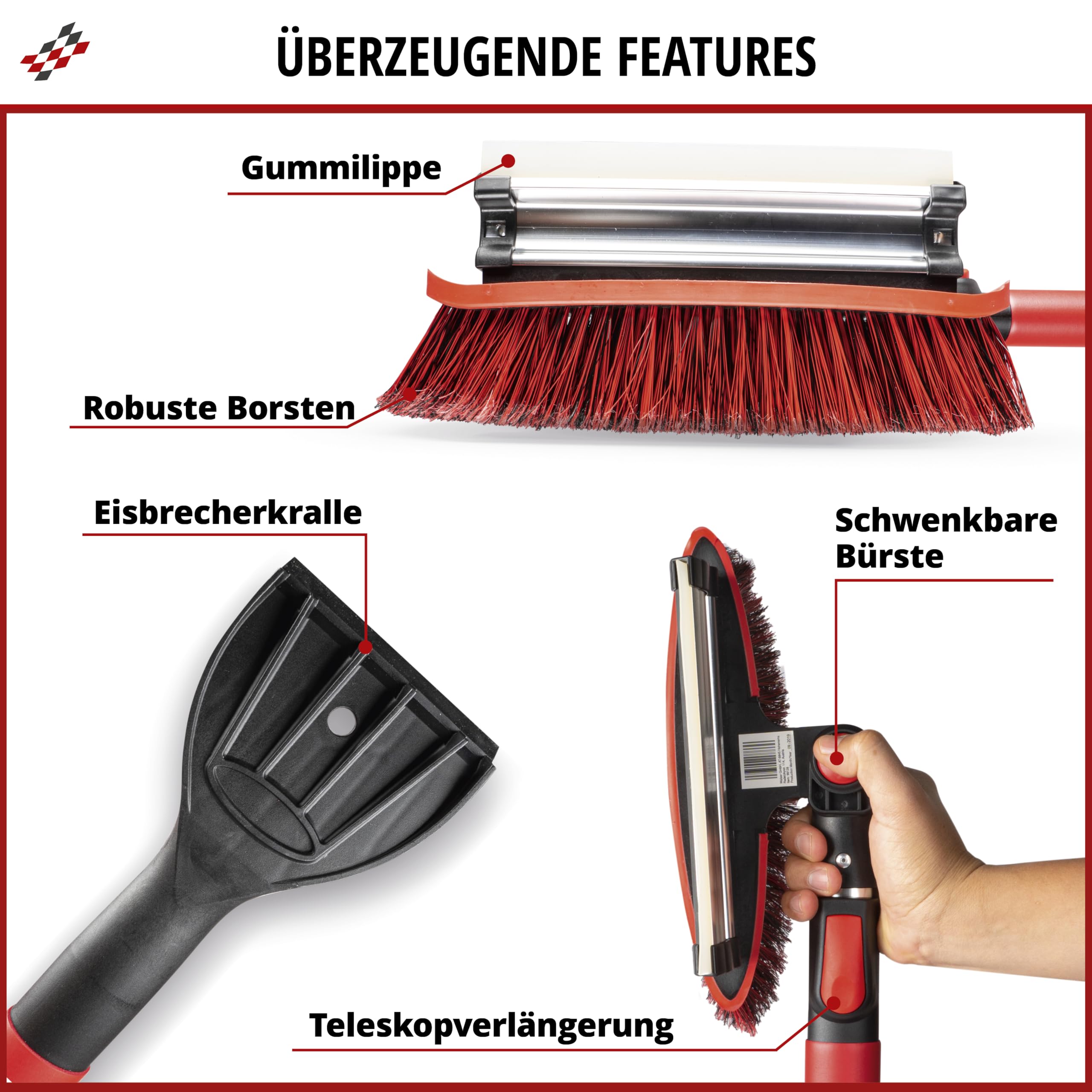 Walser Schneebesen 3in1 mit Eiskratzer teleskopierbar, Eisschaber mit Teleskopstange, Schneefeger ausziehbar 92-132 cm rot/schwarz