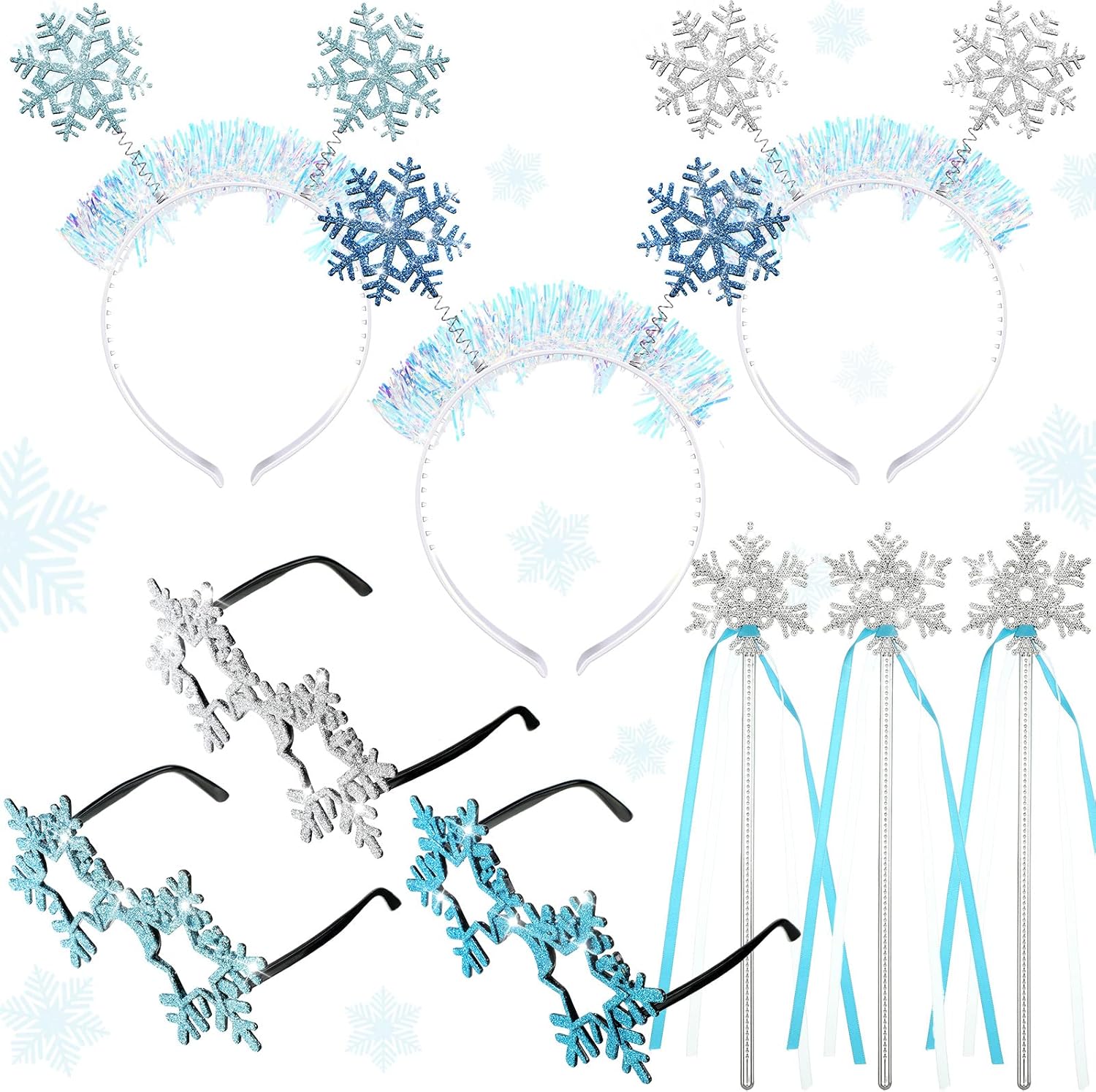 Jutom 9 Pcs Christmas Snowflake Headband Princess Snowflake Wand Head Boppers Glitter Christmas Eyeglasses Accessories for Xmas Birthday Party