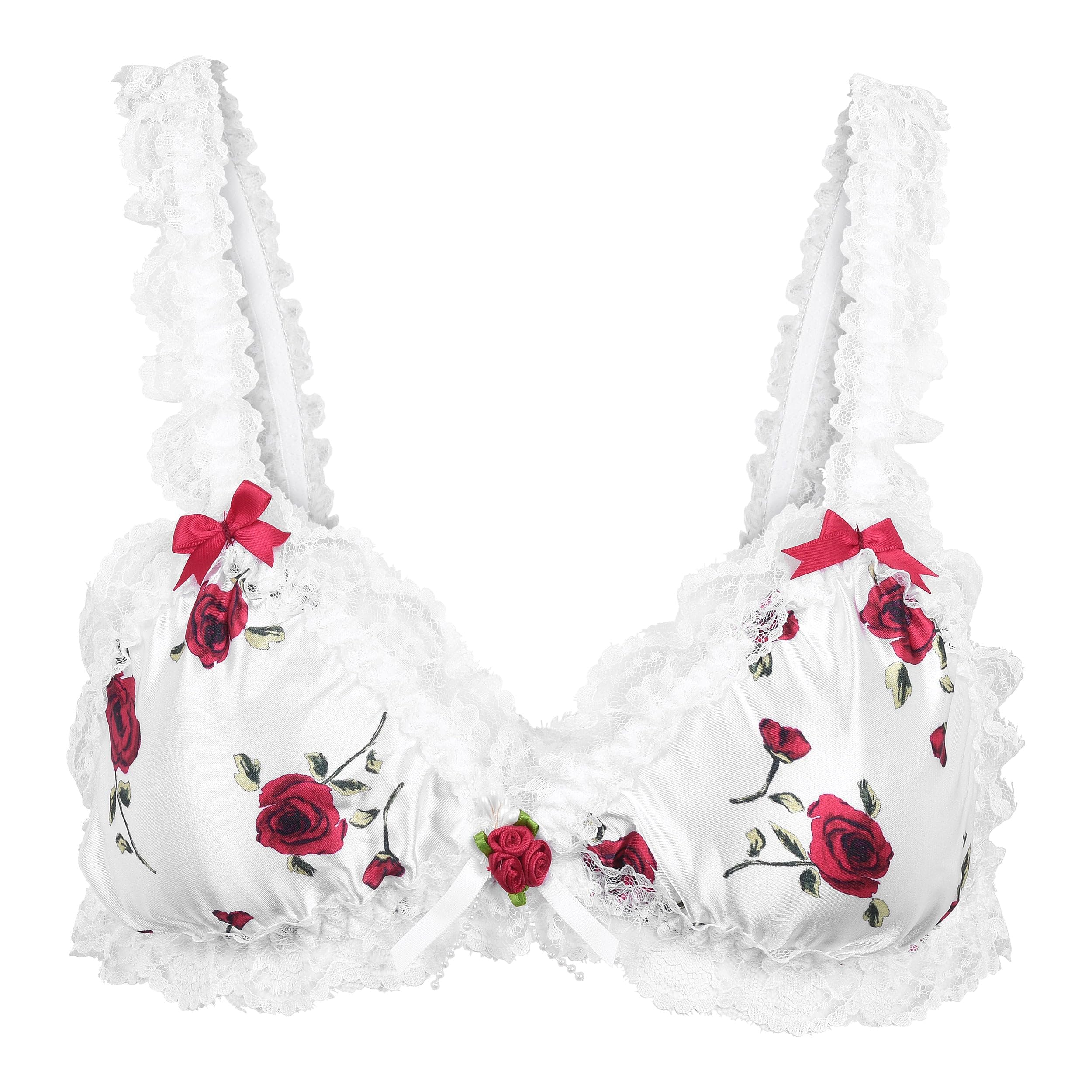 Satini Women's White - Red Roses Sissy Frilly Lace Fitted Satin Bralette (, Xl)