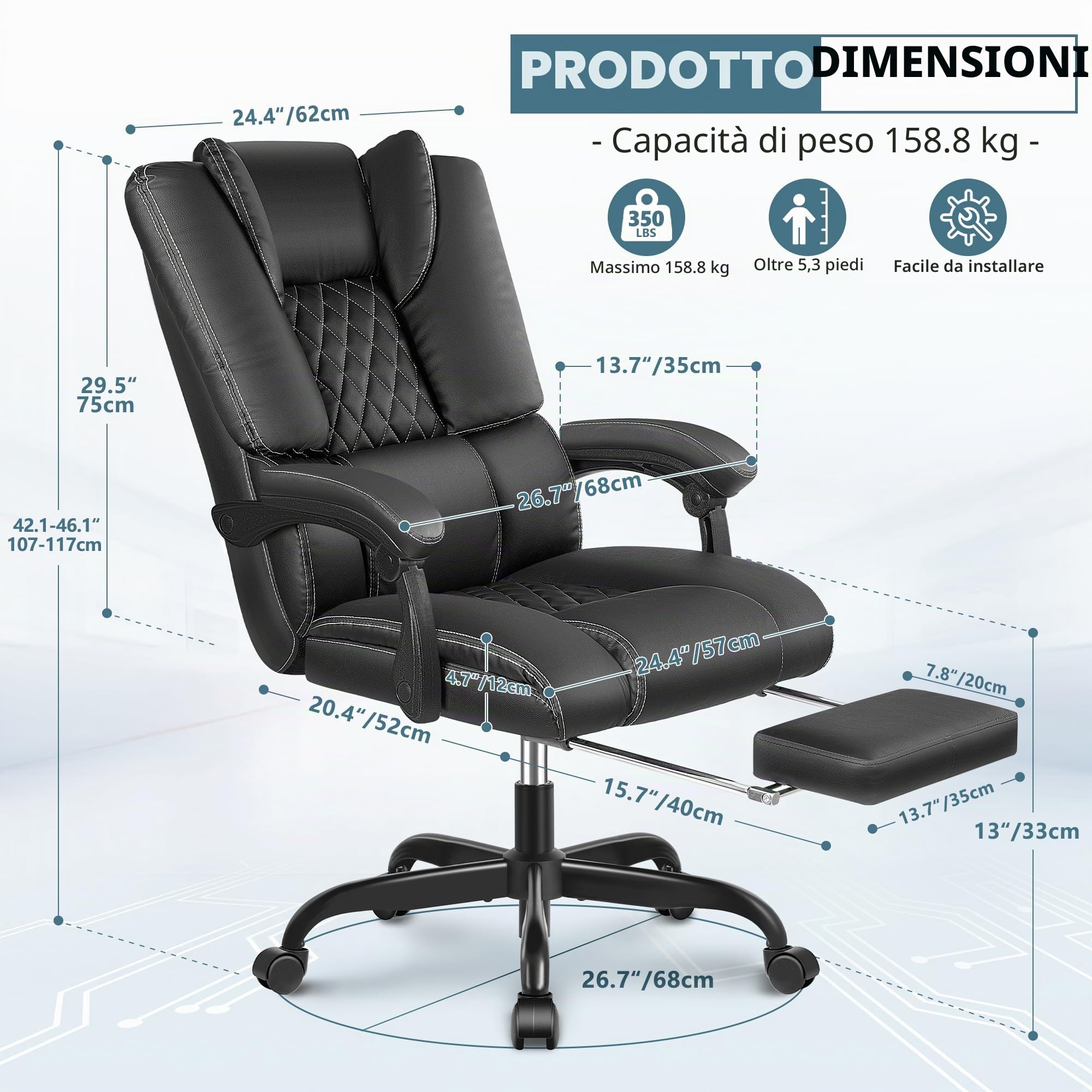 Sedia ergonomica da ufficio, in pelle, braccioli accoppiati, Loveseat con poggiapiedi, supporto lombare, regolabile in altezza, poltrona reclinabile (nero