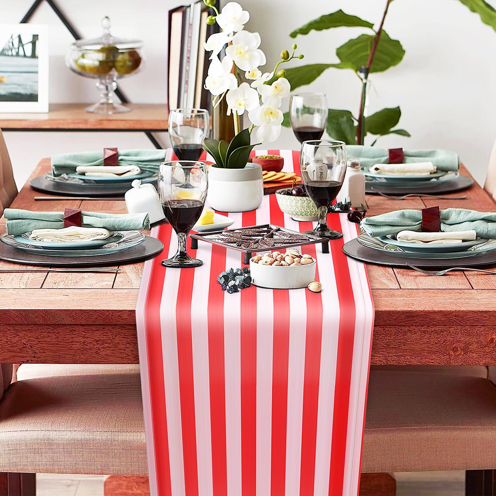 Mecerypt 6 Pieces Striped Table Runner Wedding Polyester Table Decor Red White Striped Design Tablecloth Decor 12 x 108 Inch - Image 2