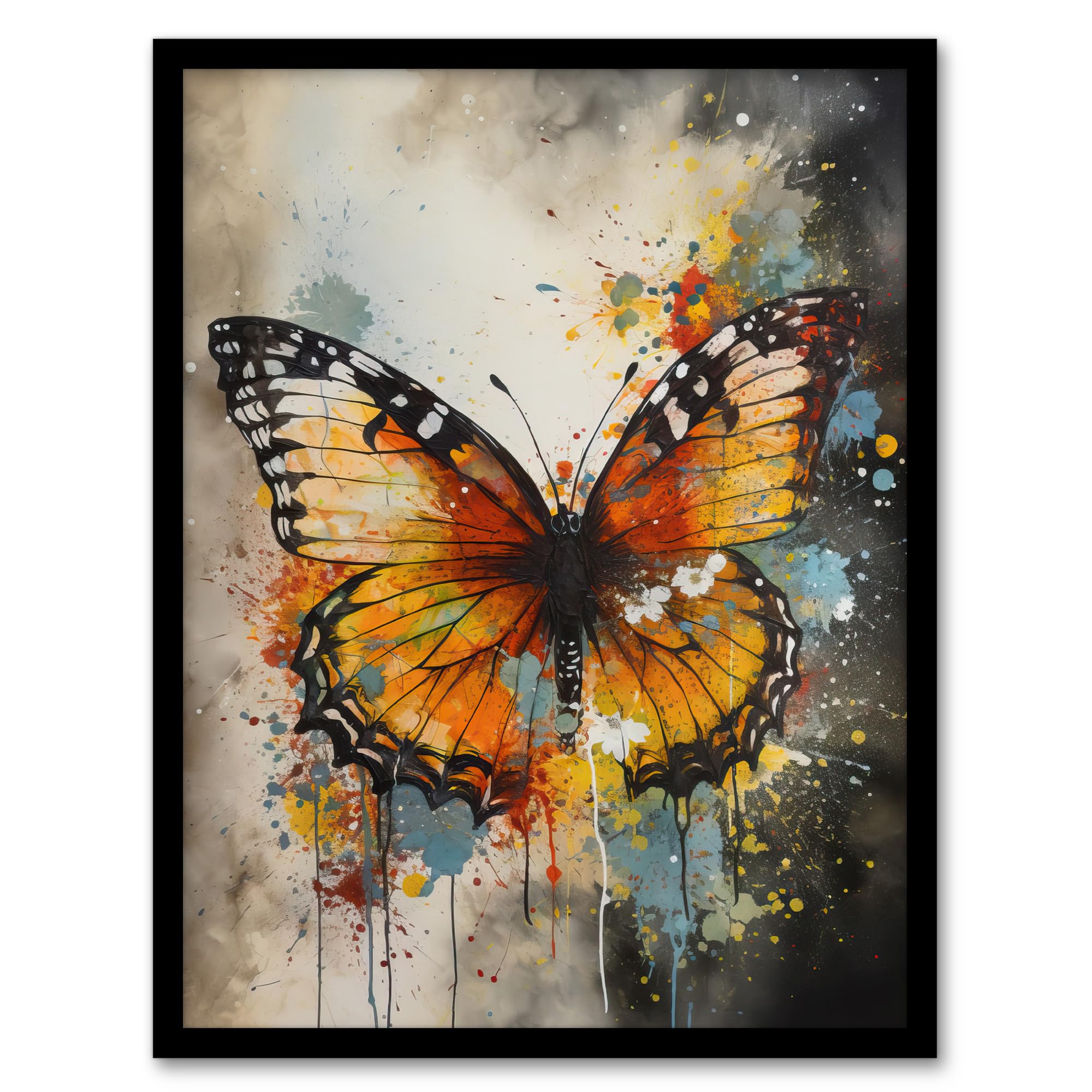 Artery8 Modern Ink Monarch Butterfly Watercolour Splatter Drip Artwork Framed Wall Art Print 18X24 Inch
