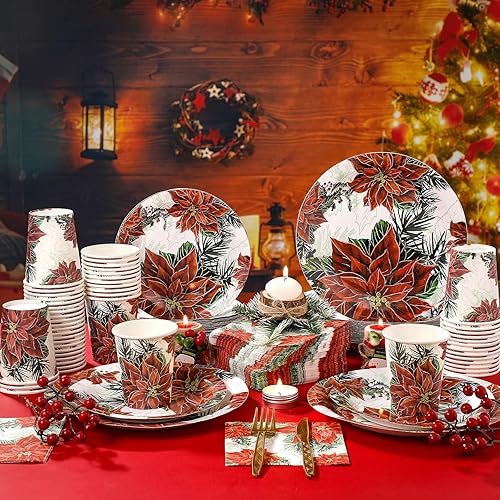 Miniatura 9 de Jinei Juego de vajilla desechable de Navidad de 250 piezas para 50 invitados, platos de papel y servilletas de Navidad, vasos desechables, vajilla